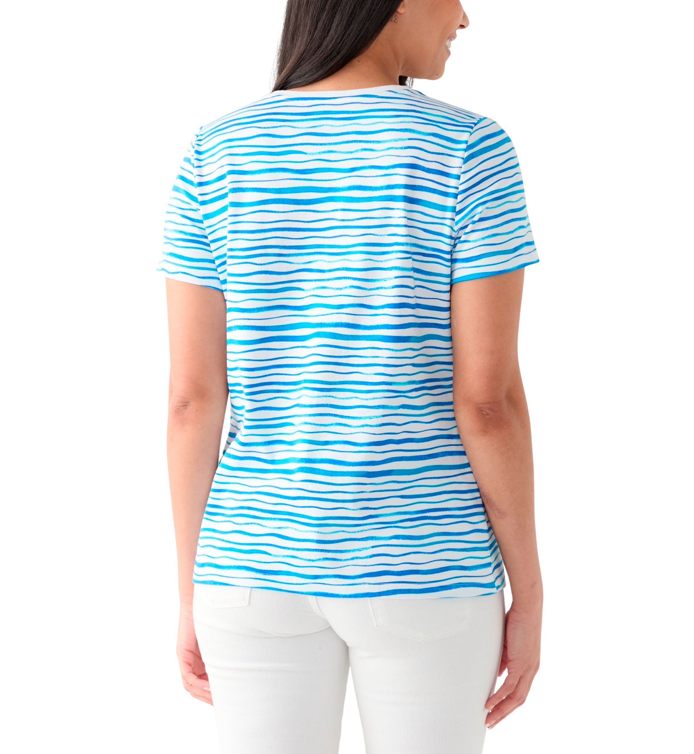 Womens Short Sleeve V-Neck Stripe Print T-Shirt