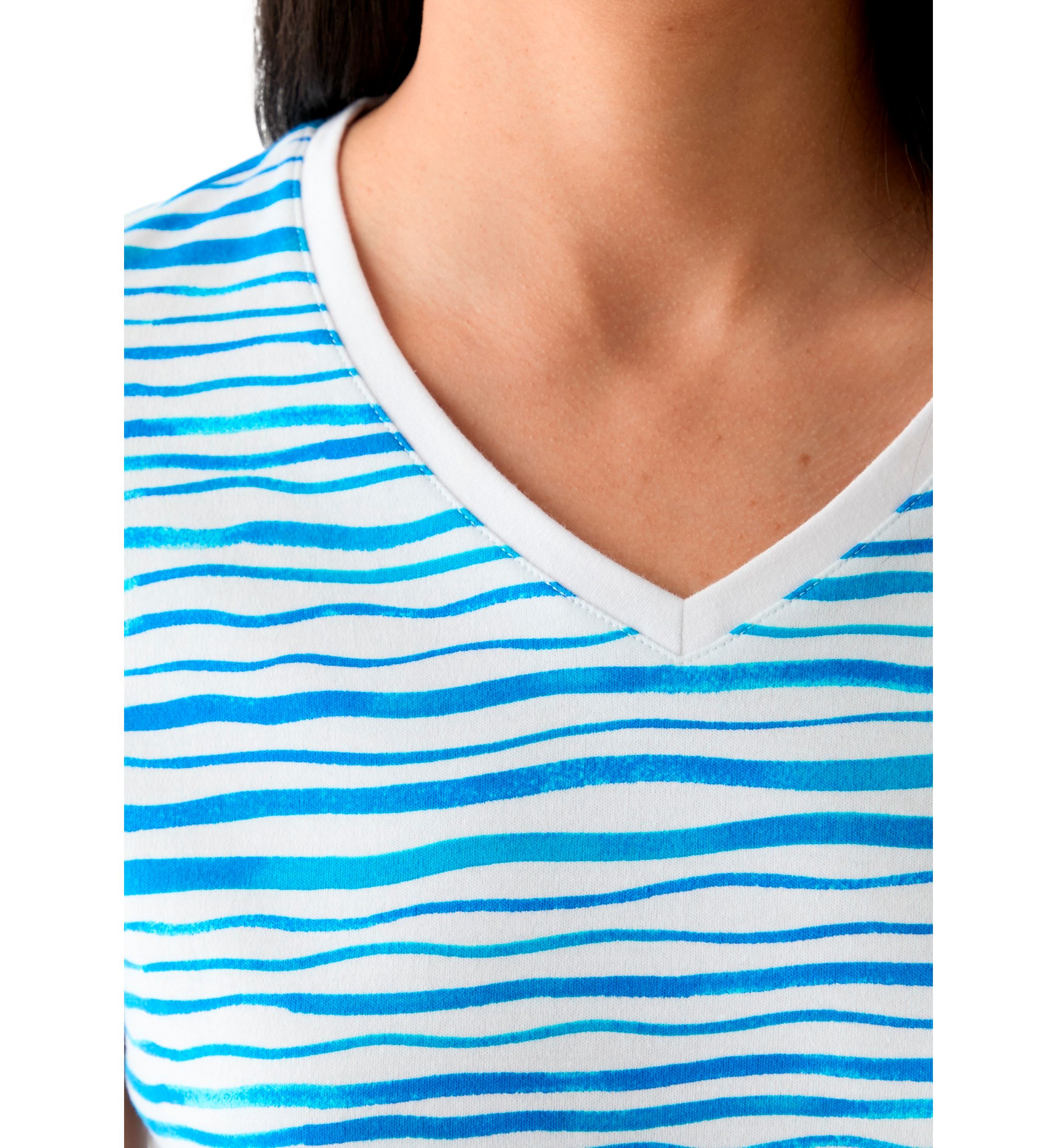 Womens Short Sleeve V-Neck Stripe Print T-Shirt