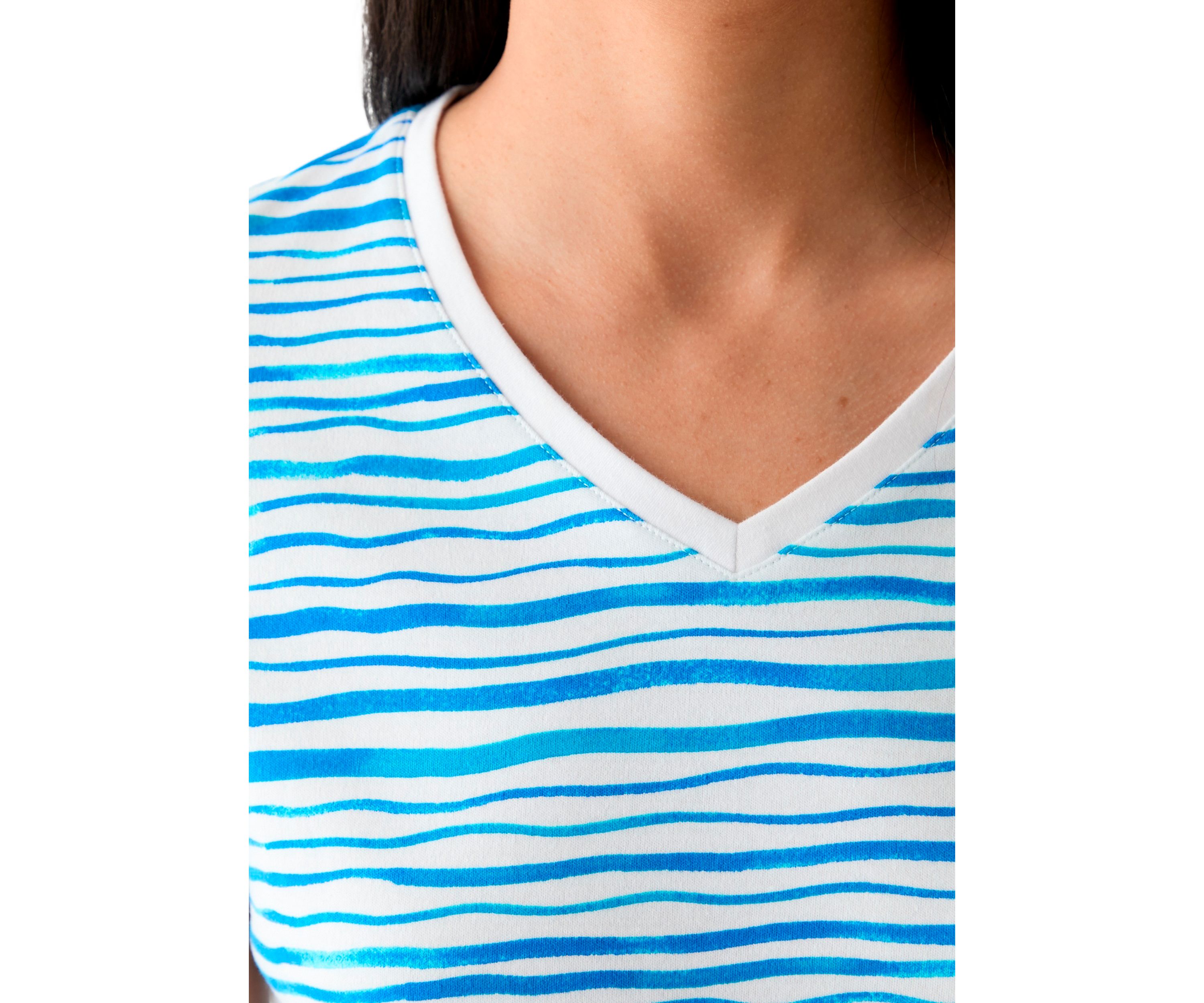 Womens Short Sleeve V-Neck Stripe Print T-Shirt