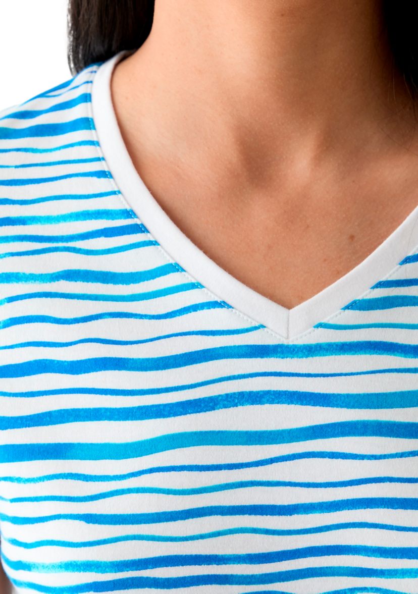Womens Short Sleeve V-Neck Stripe Print T-Shirt