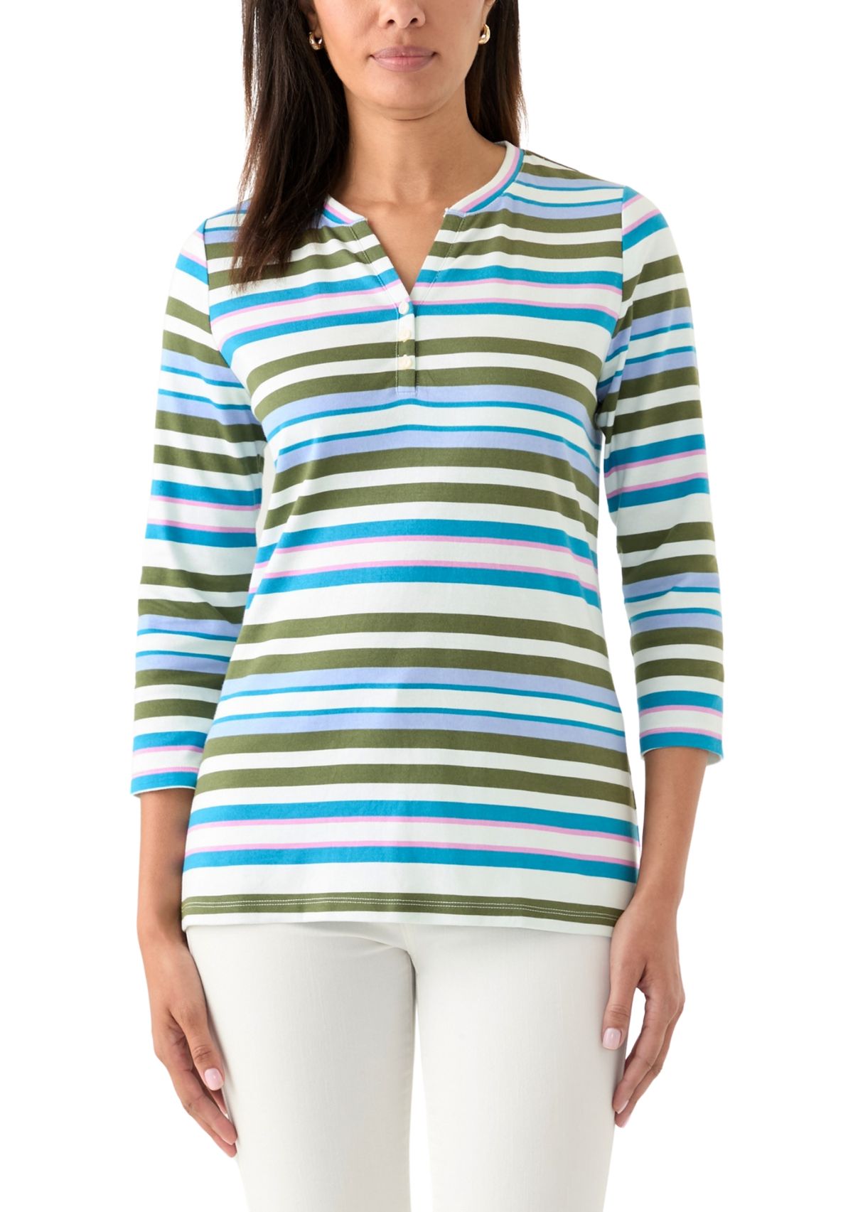 Womens Stripe Split Neck Top