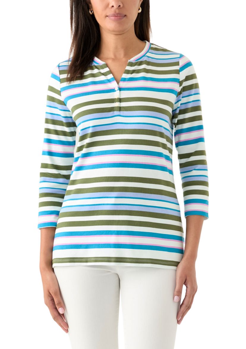 Womens Stripe Split Neck Top