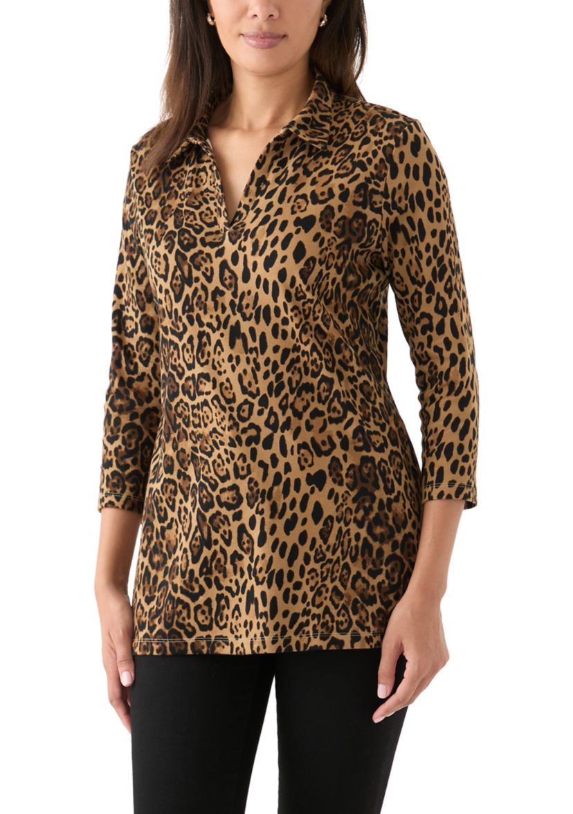 Womens Printed 3/4 Polo Top