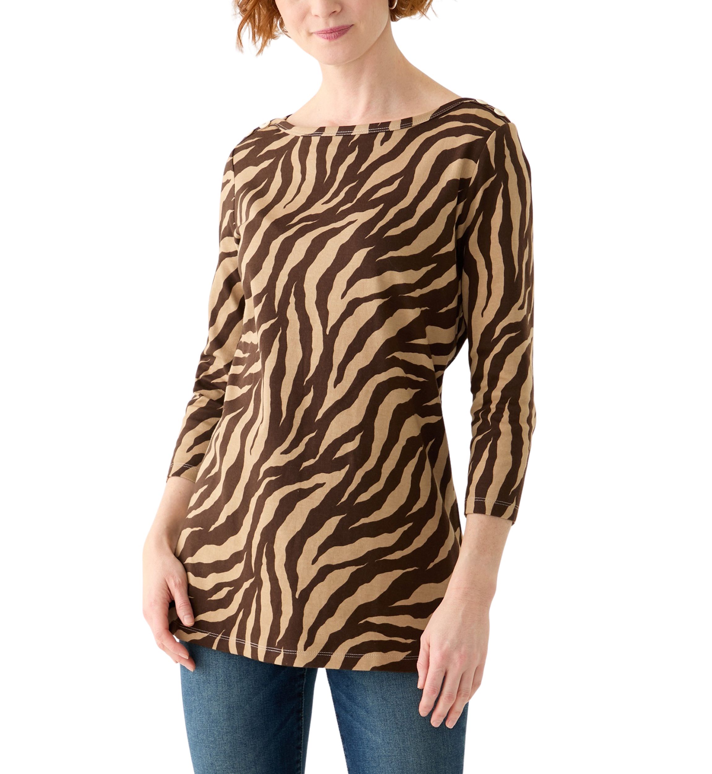 Womens 3/4 Sleeve Boat Neck Printed T-Shirt