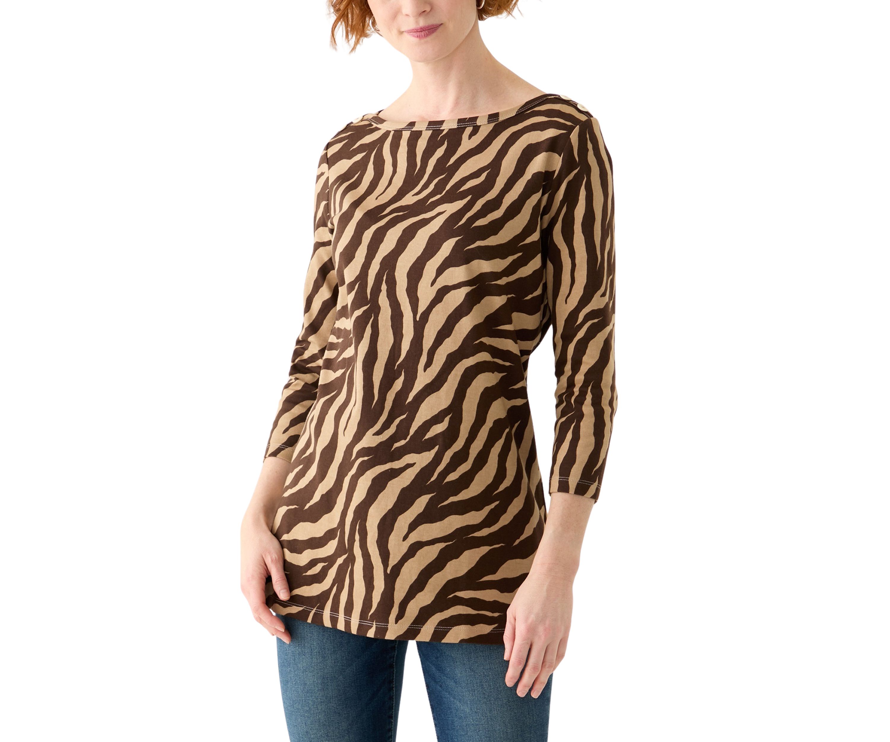 Womens 3/4 Sleeve Boat Neck Printed T-Shirt