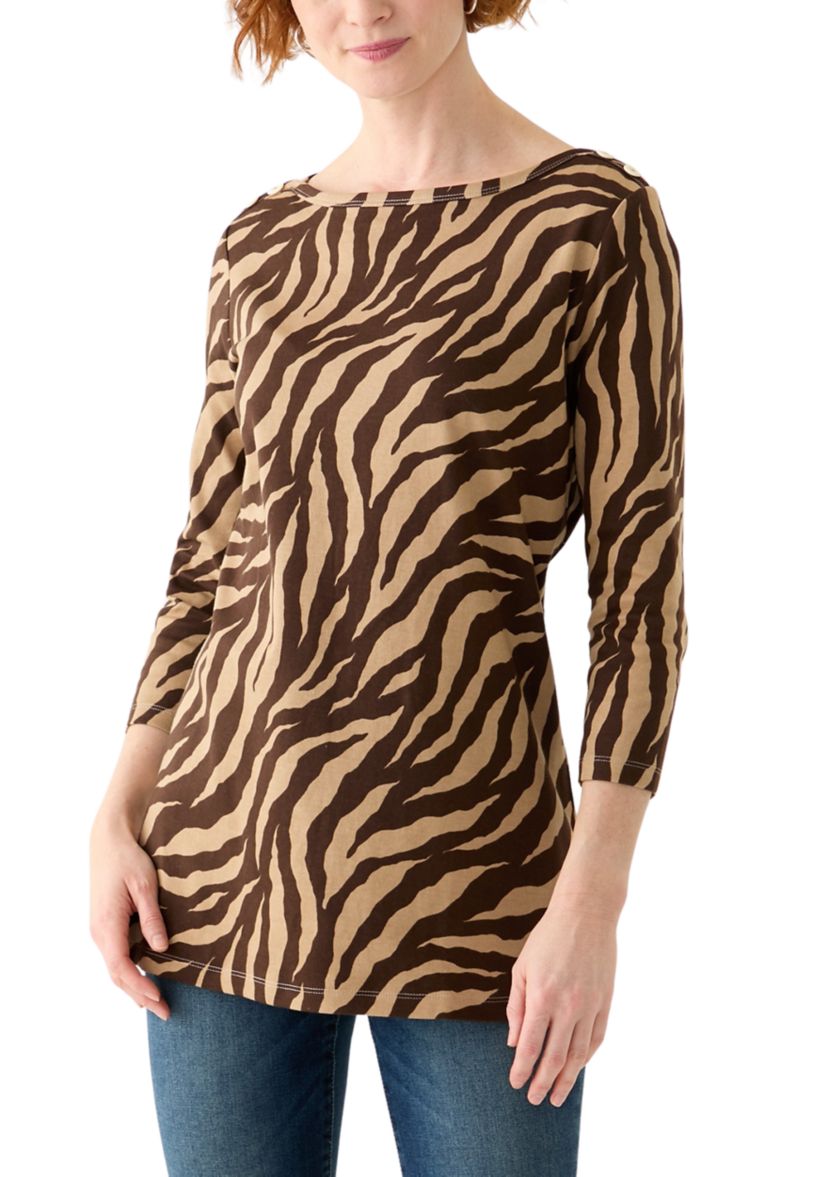 Womens 3/4 Sleeve Boat Neck Printed T-Shirt