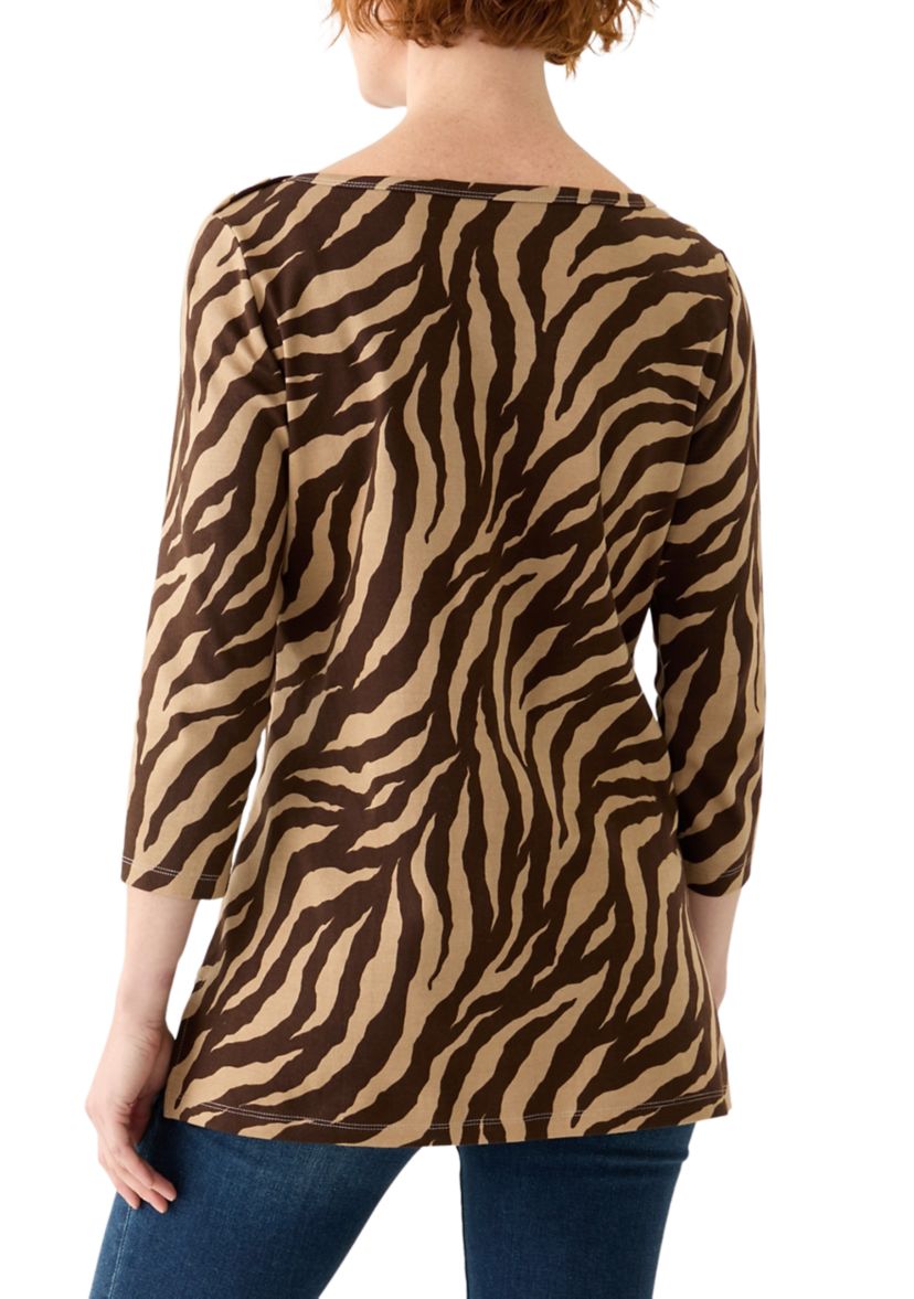 Womens 3/4 Sleeve Boat Neck Printed T-Shirt