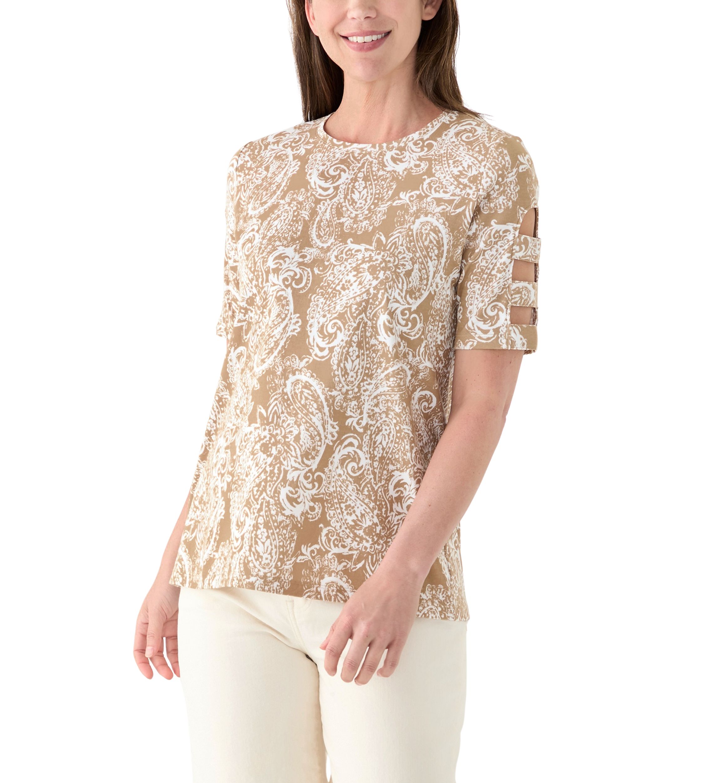 Womens Elbow Ladder Sleeve Crew Neck Printed T-Shirt