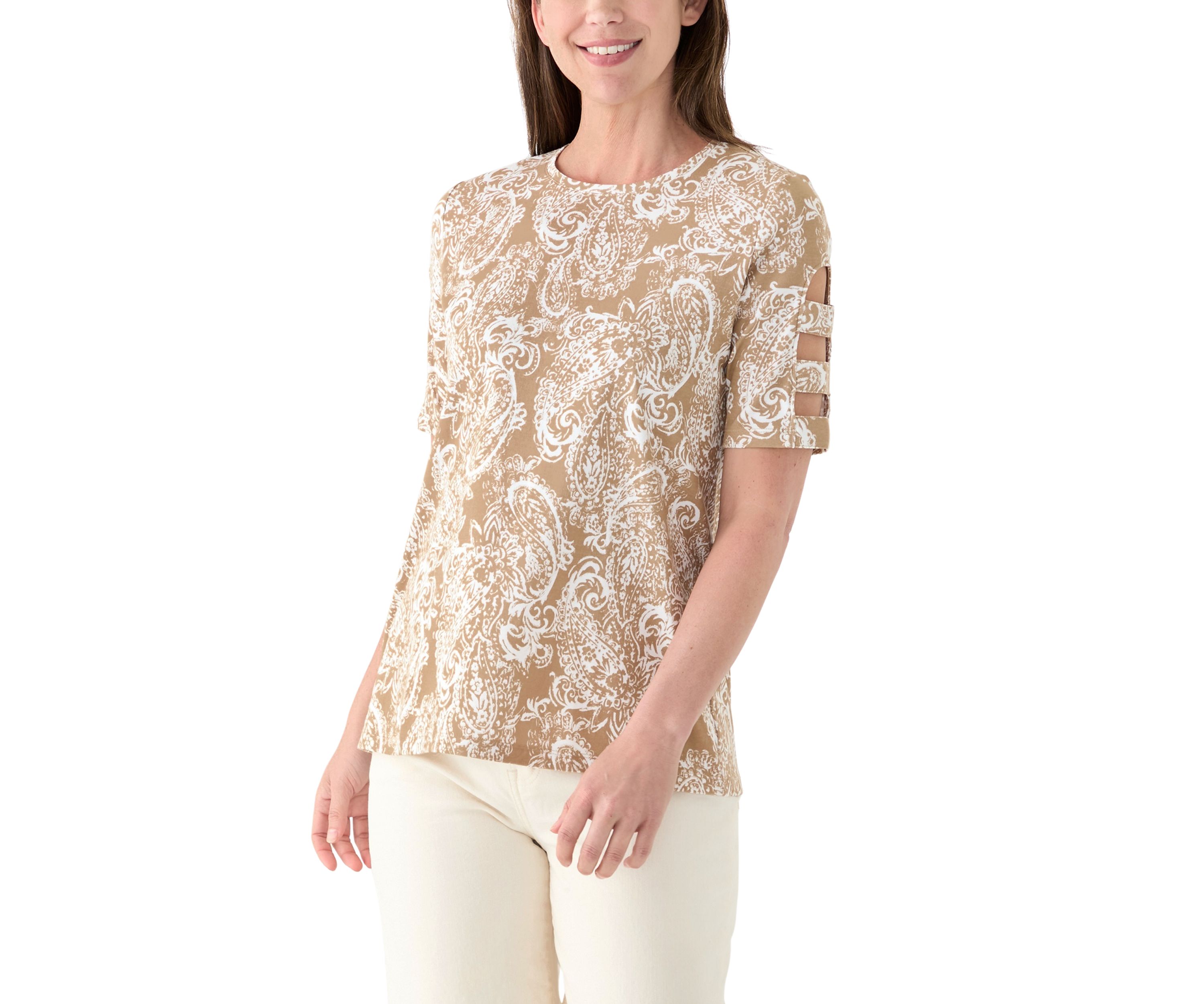 Womens Elbow Ladder Sleeve Crew Neck Printed T-Shirt