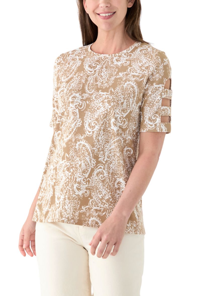 Womens Elbow Ladder Sleeve Crew Neck Printed T-Shirt