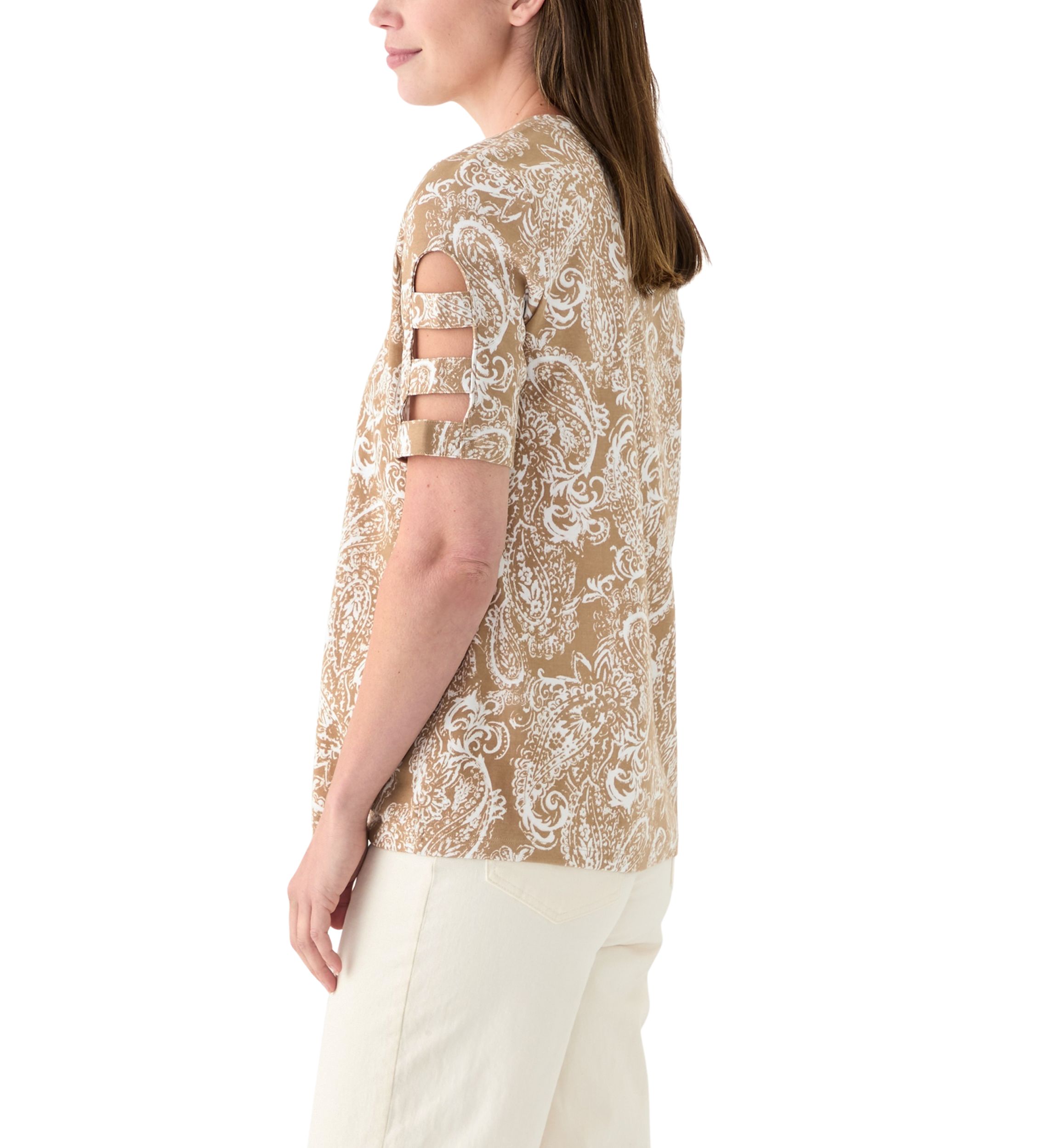 Womens Elbow Ladder Sleeve Crew Neck Printed T-Shirt