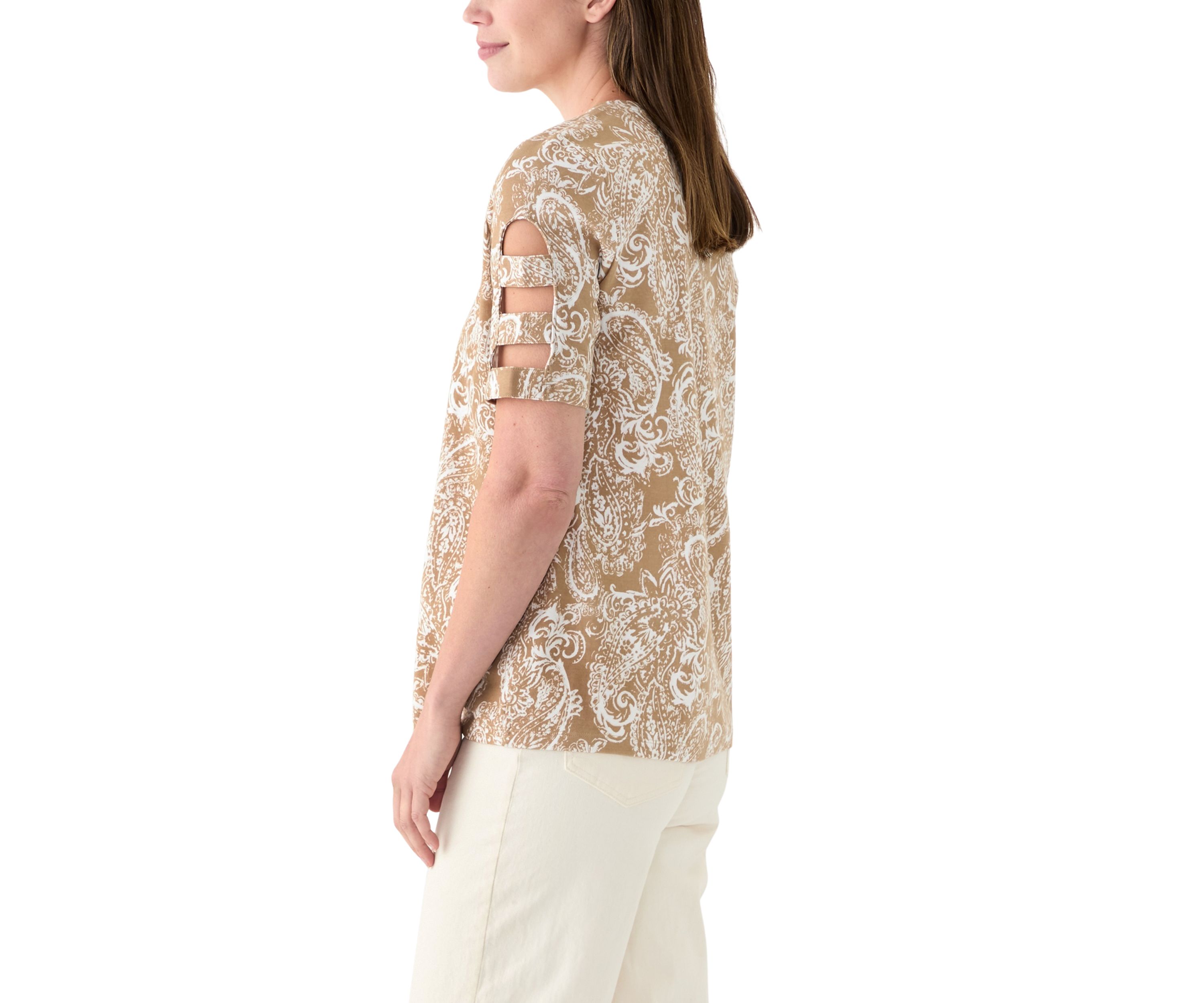 Womens Elbow Ladder Sleeve Crew Neck Printed T-Shirt
