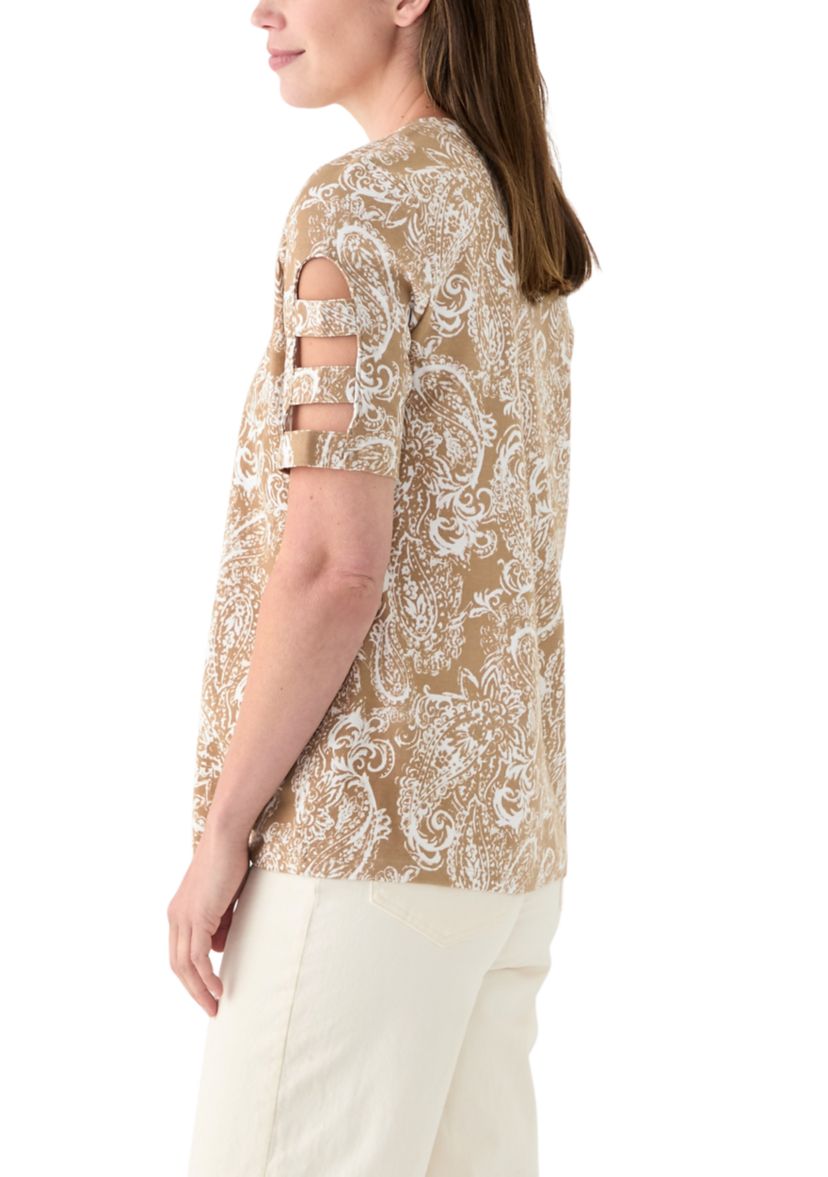 Womens Elbow Ladder Sleeve Crew Neck Printed T-Shirt