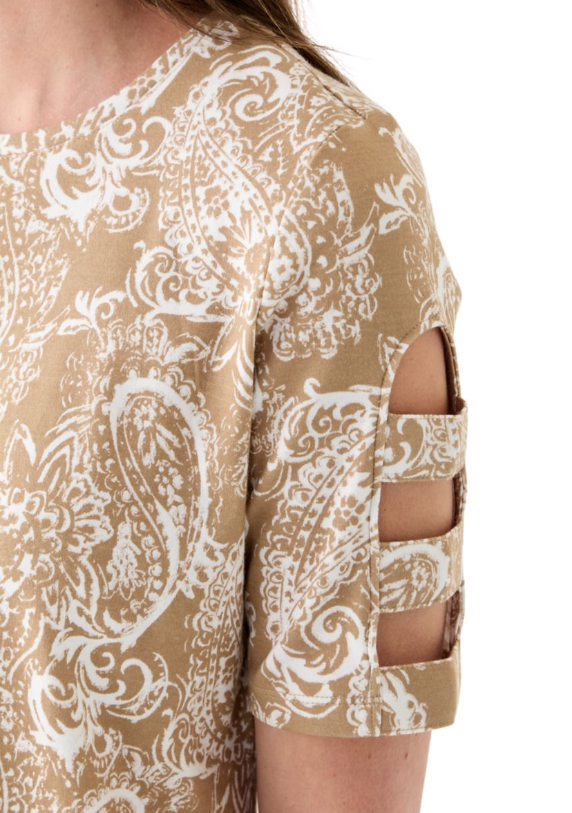 Womens Elbow Ladder Sleeve Crew Neck Printed T-Shirt