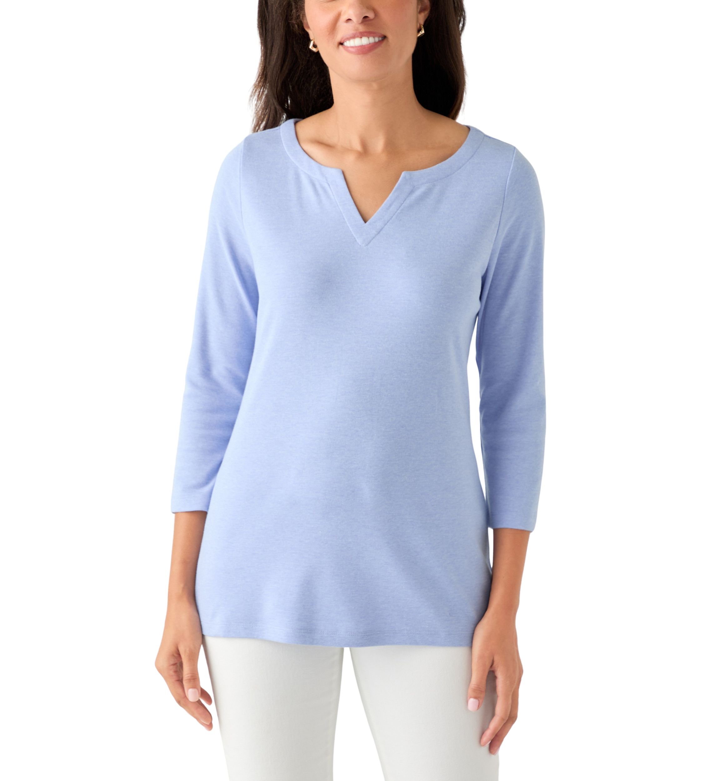 Womens 3/4 Sleeve Split Neck Heather T-Shirt