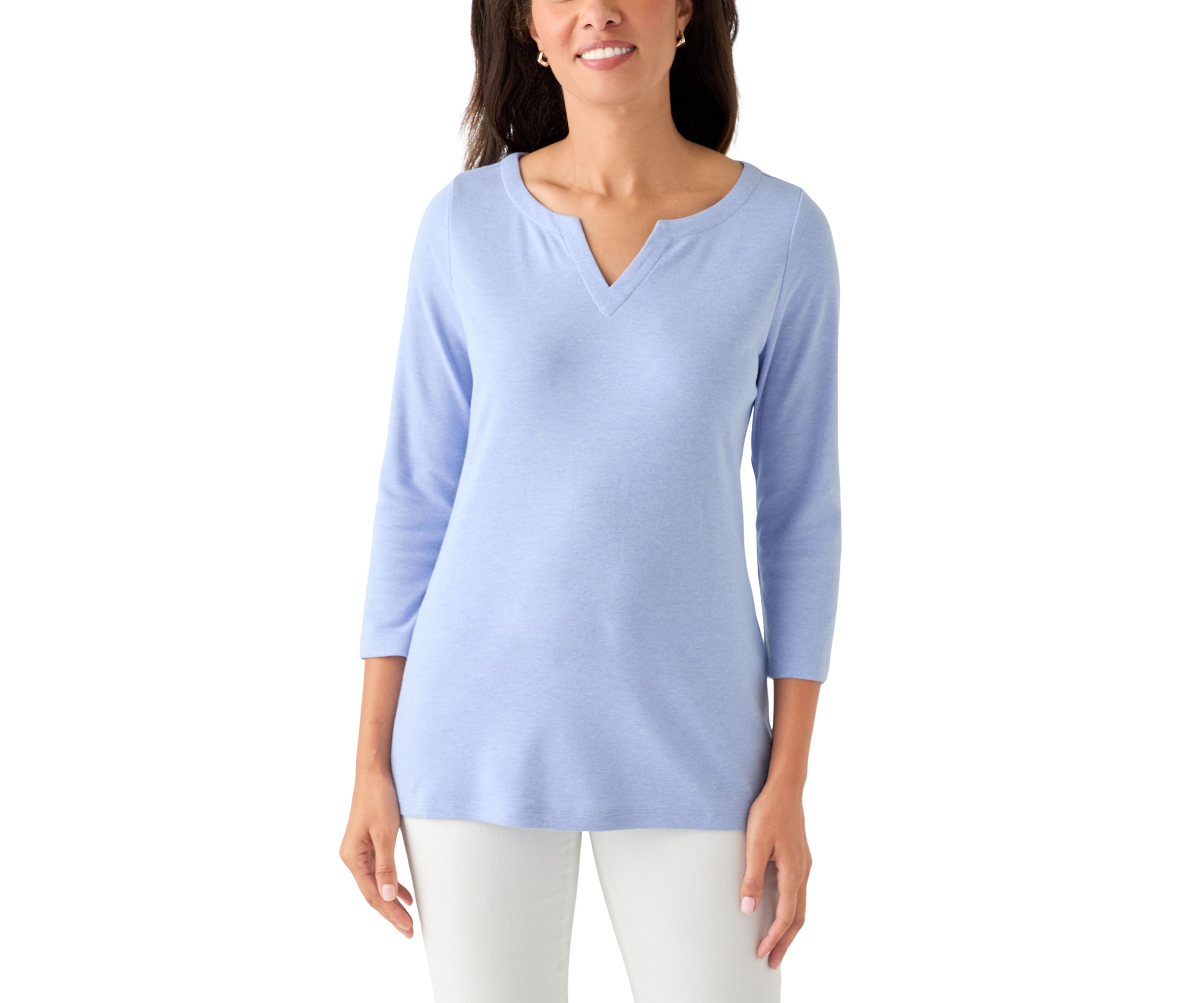 Womens 3/4 Sleeve Split Neck Heather T-Shirt