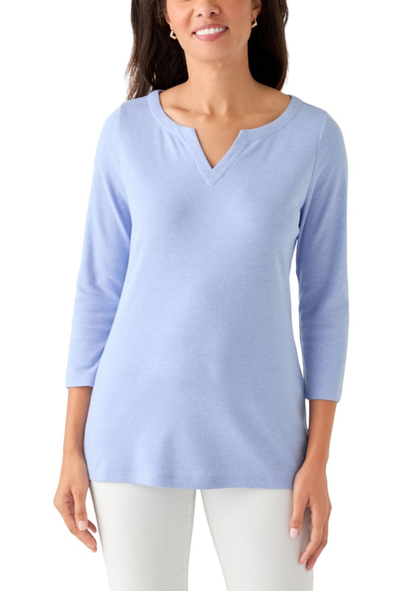 Womens 3/4 Sleeve Split Neck Heather T-Shirt
