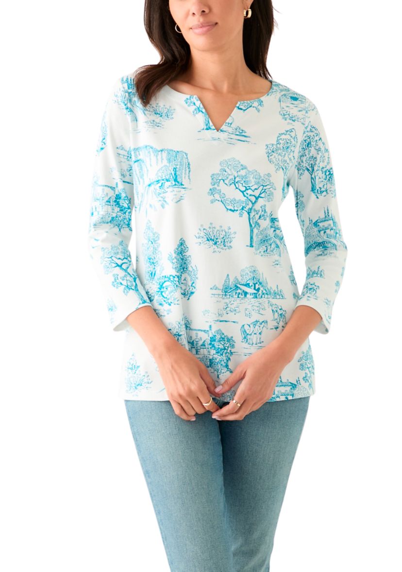 Womens 3/4 Sleeve Split Neck Allover Print Top