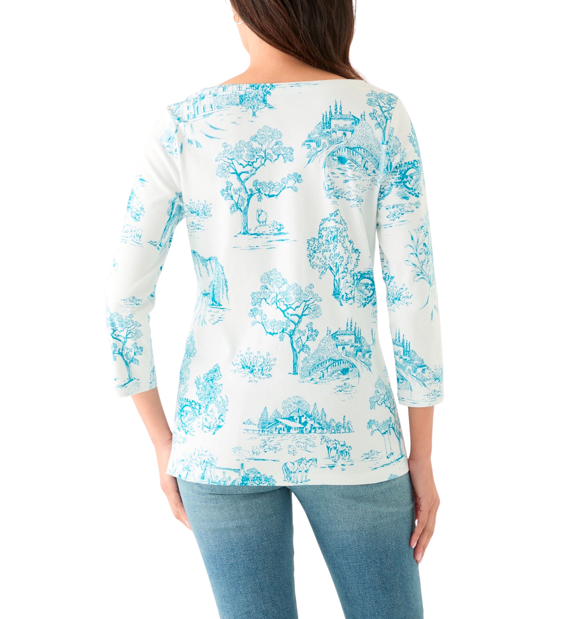 Womens 3/4 Sleeve Split Neck Allover Print Top