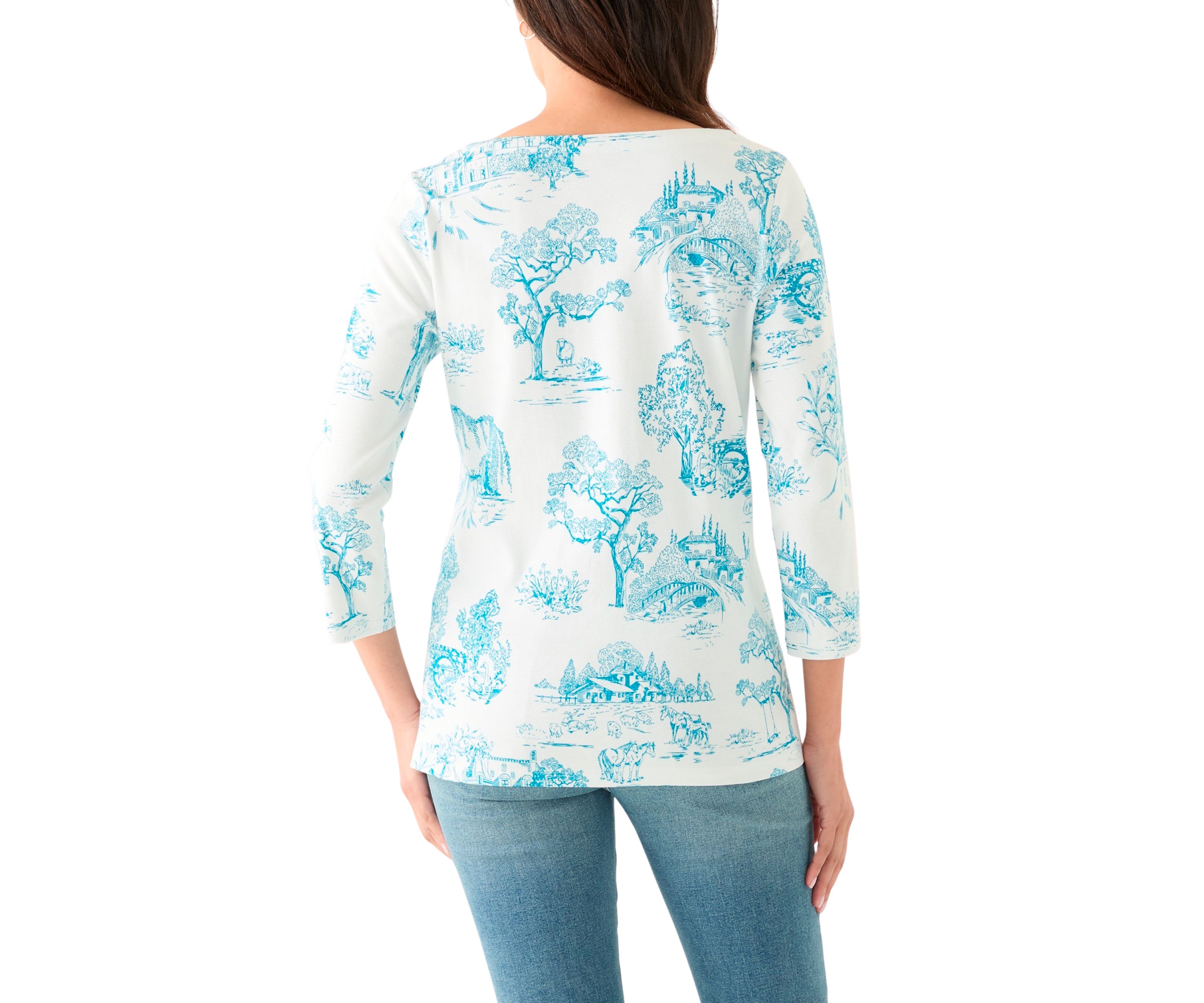 Womens 3/4 Sleeve Split Neck Allover Print Top