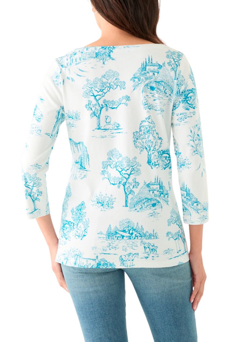 Womens 3/4 Sleeve Split Neck Allover Print Top