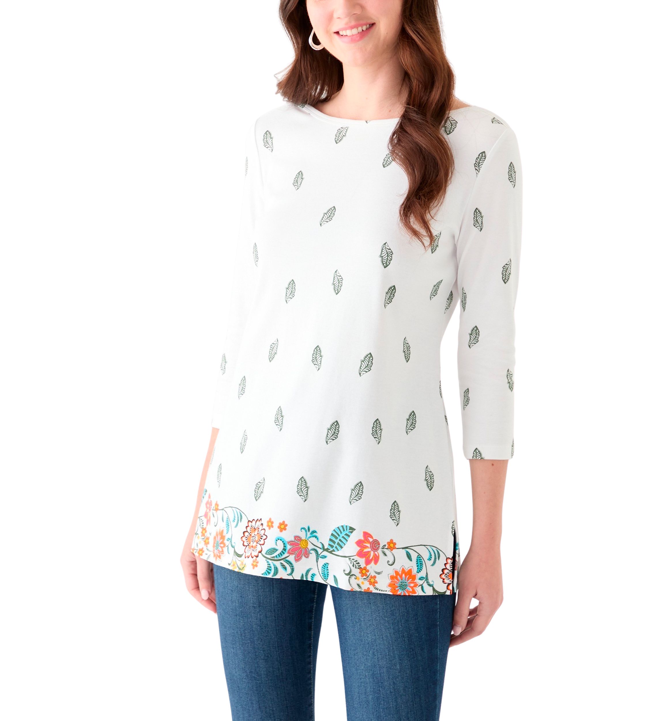 Womens 3/4 Sleeve Boat Neck Placement Print Top