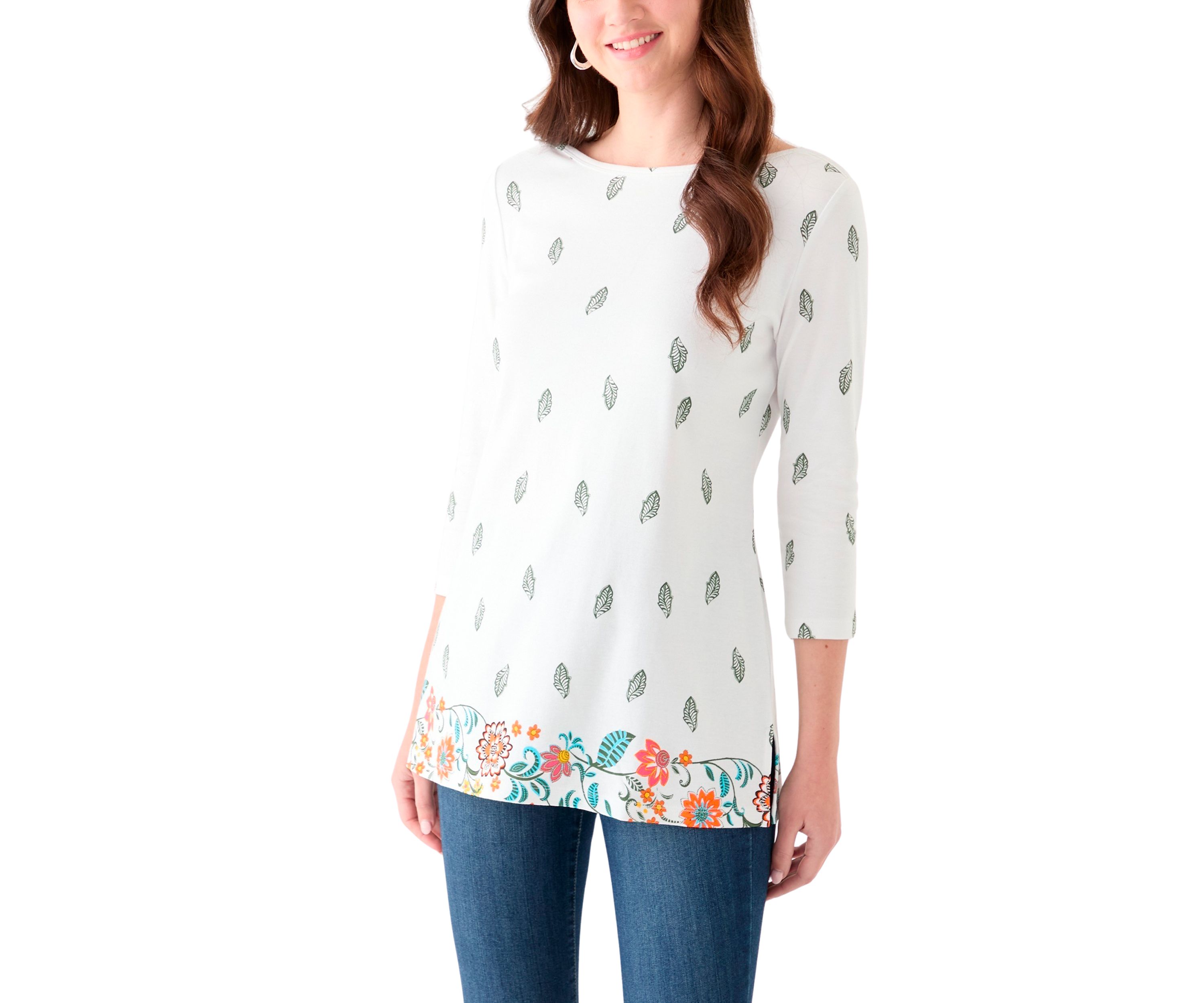 Womens 3/4 Sleeve Boat Neck Placement Print Top