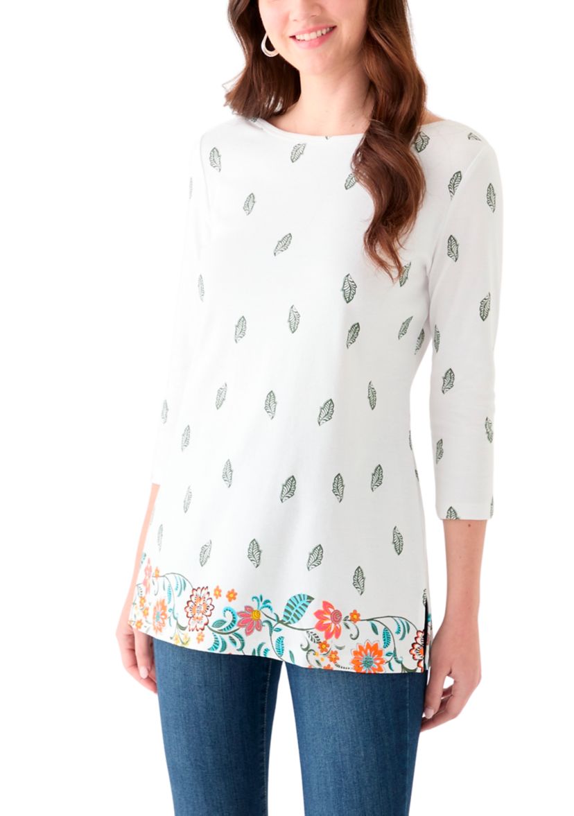 Womens 3/4 Sleeve Boat Neck Placement Print Top