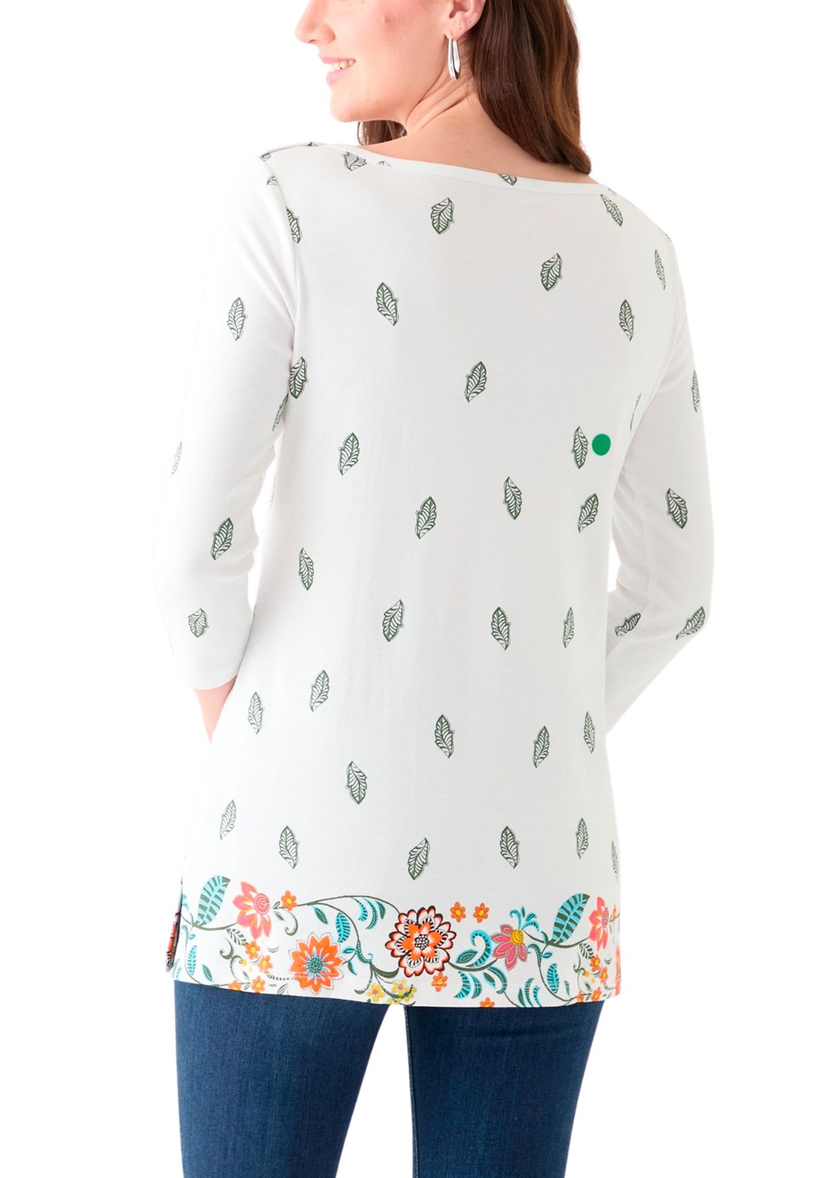 Womens 3/4 Sleeve Boat Neck Placement Print Top