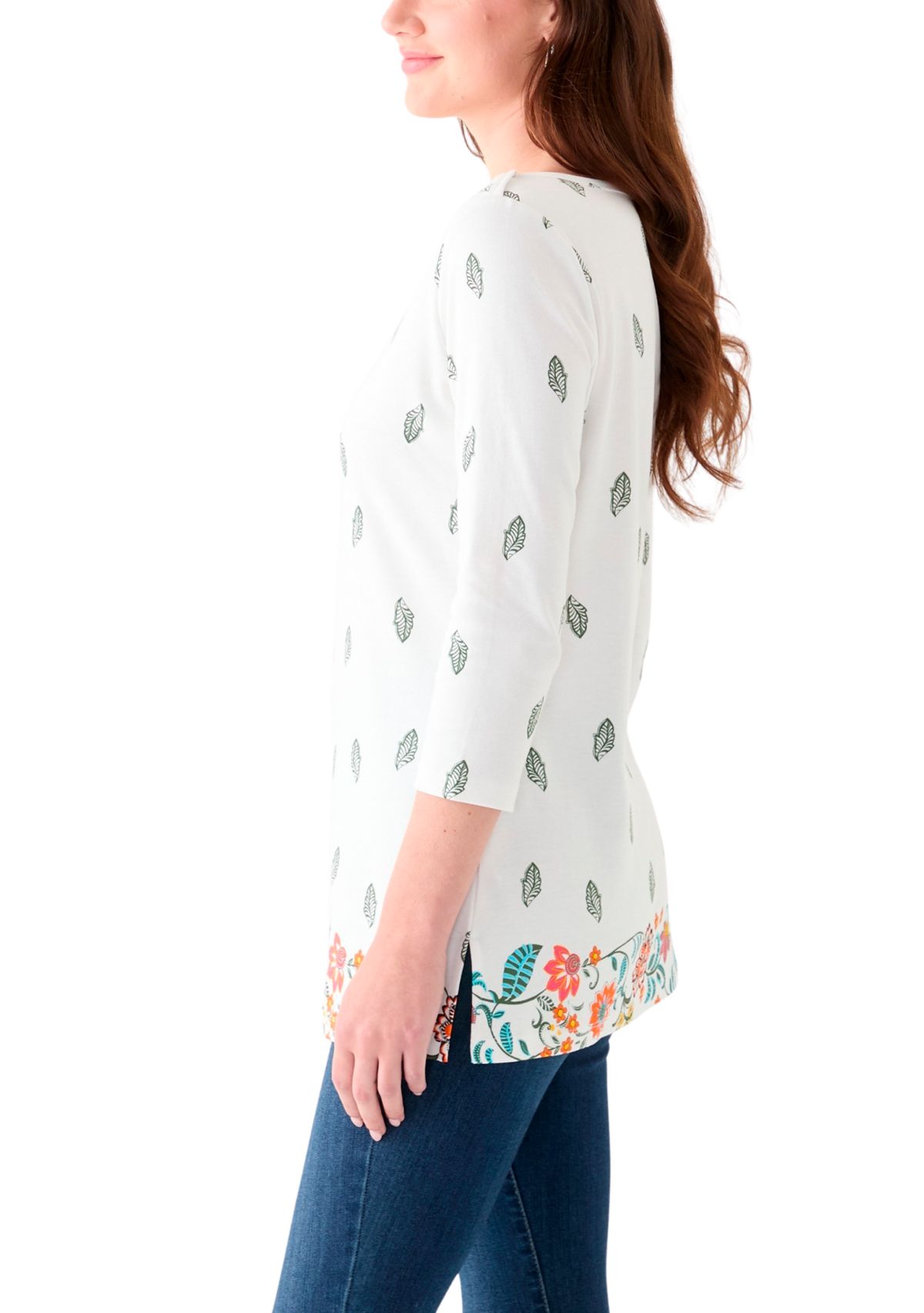 Womens 3/4 Sleeve Boat Neck Placement Print Top