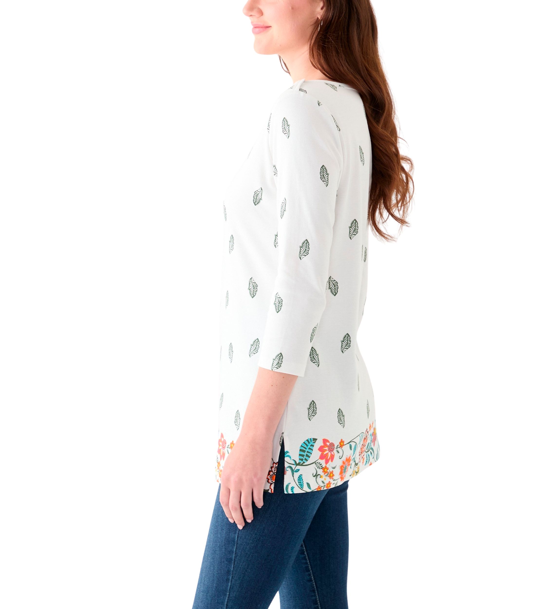 Womens 3/4 Sleeve Boat Neck Placement Print Top