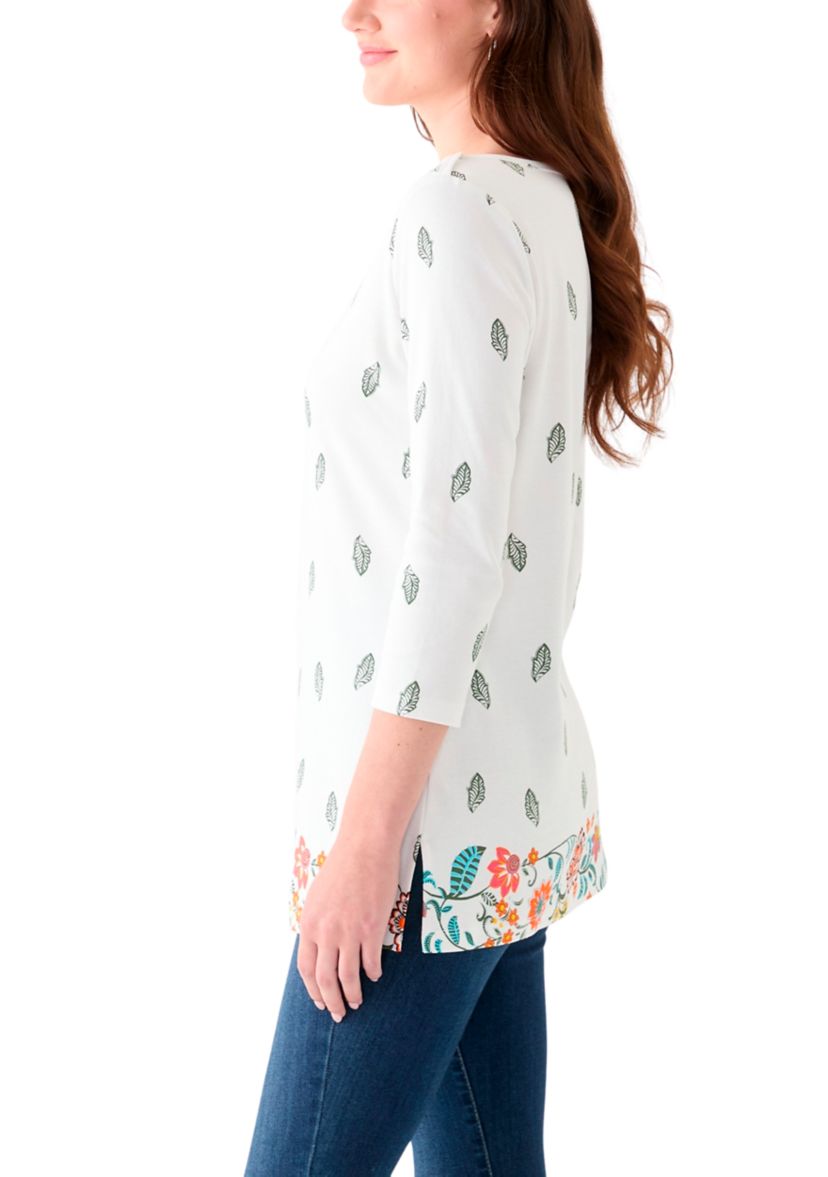 Womens 3/4 Sleeve Boat Neck Placement Print Top