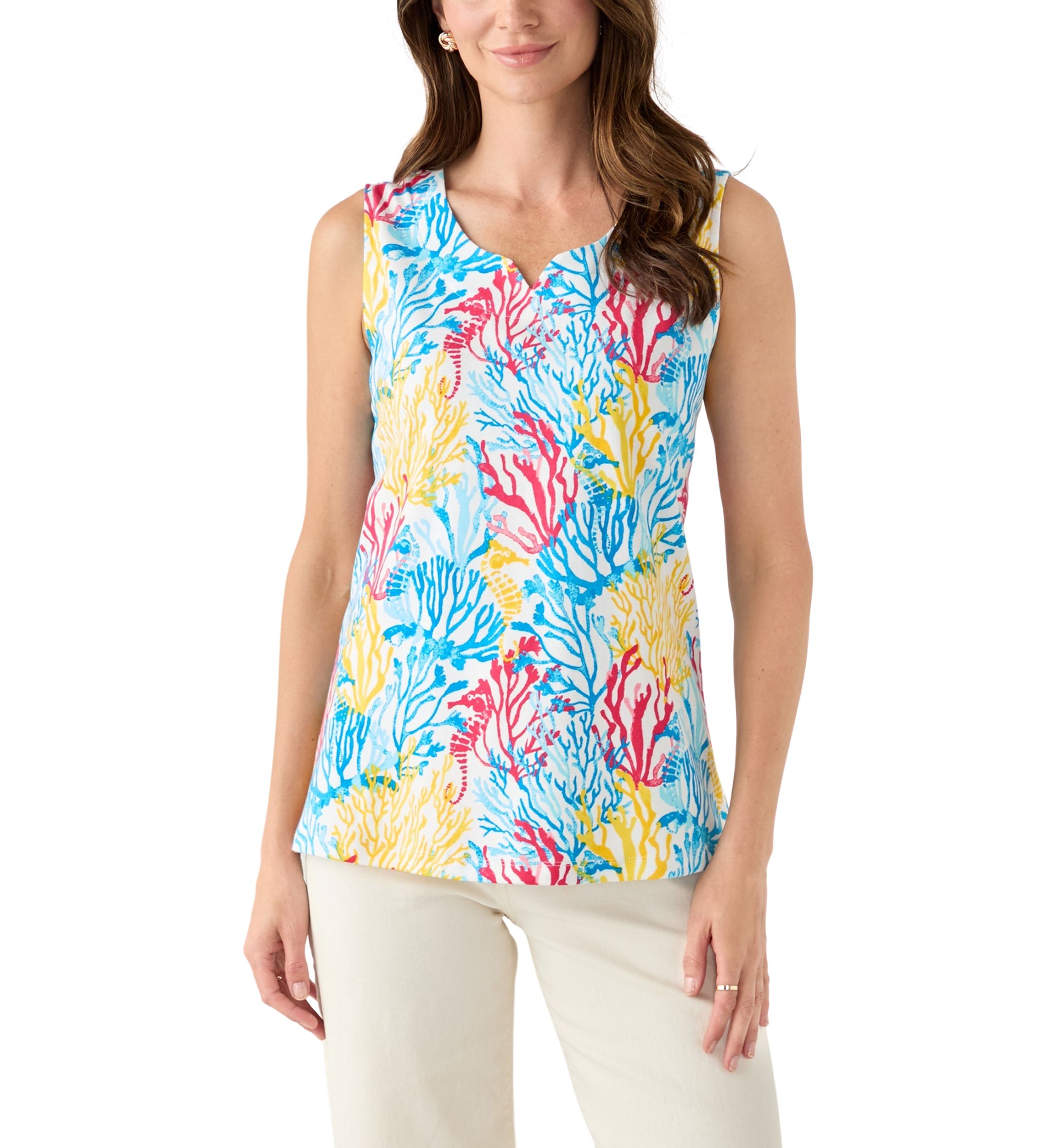Womens Sleeveless Split Neck Allover Print Tank Top