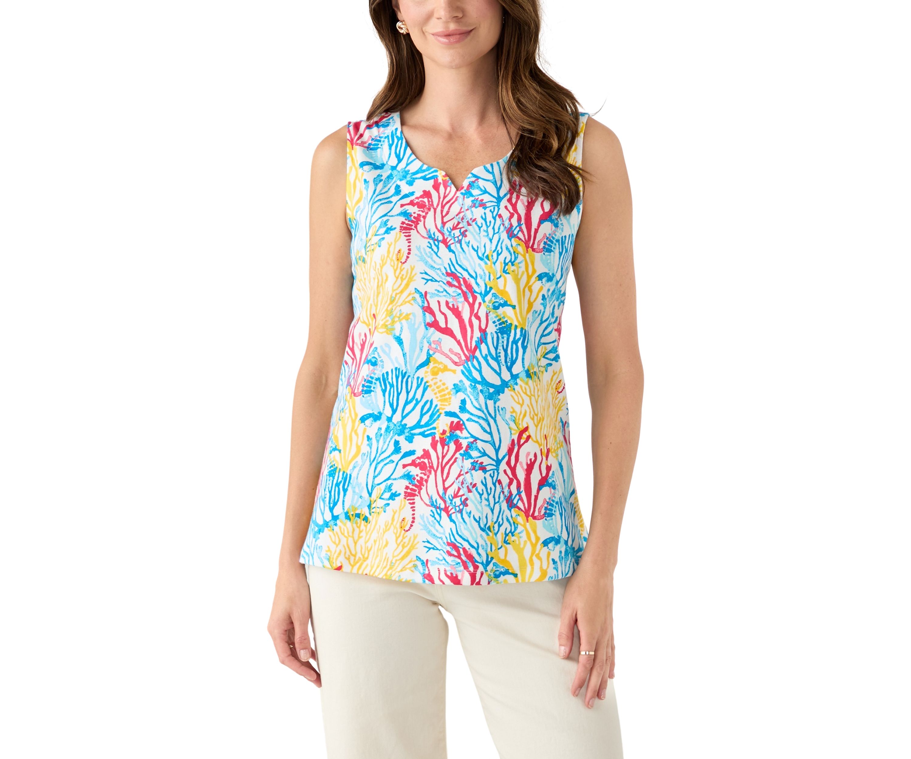Womens Sleeveless Split Neck Allover Print Tank Top
