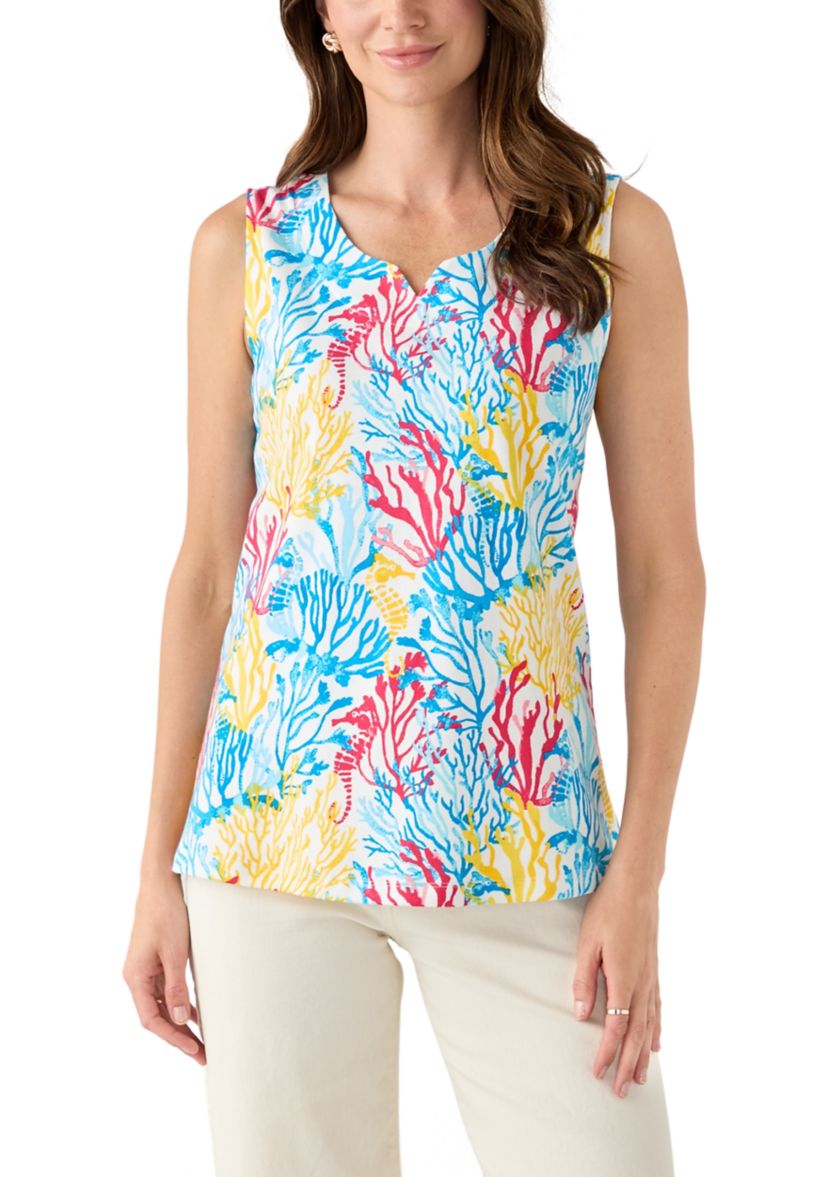 Womens Sleeveless Split Neck Allover Print Tank Top