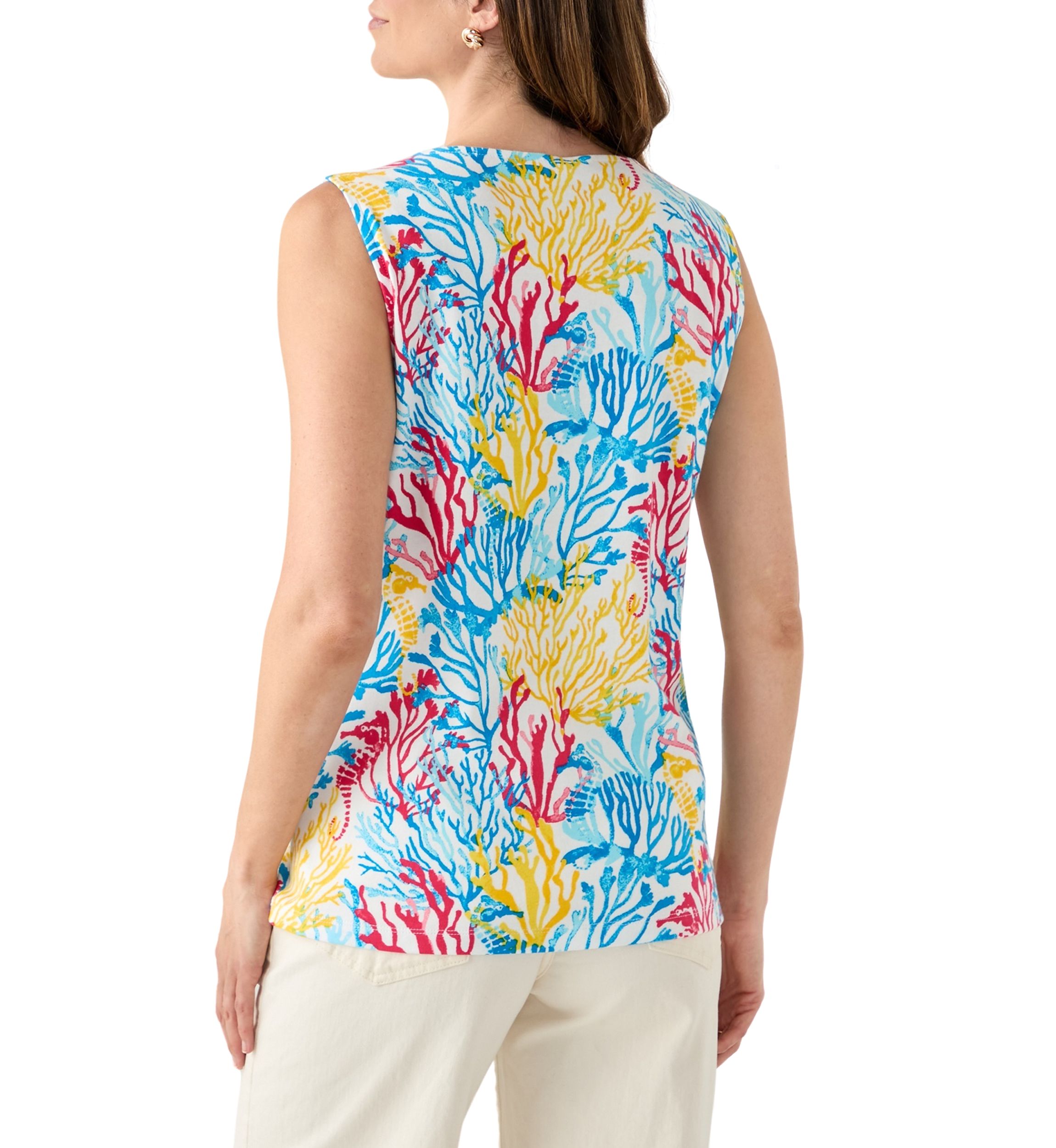 Womens Sleeveless Split Neck Allover Print Tank Top
