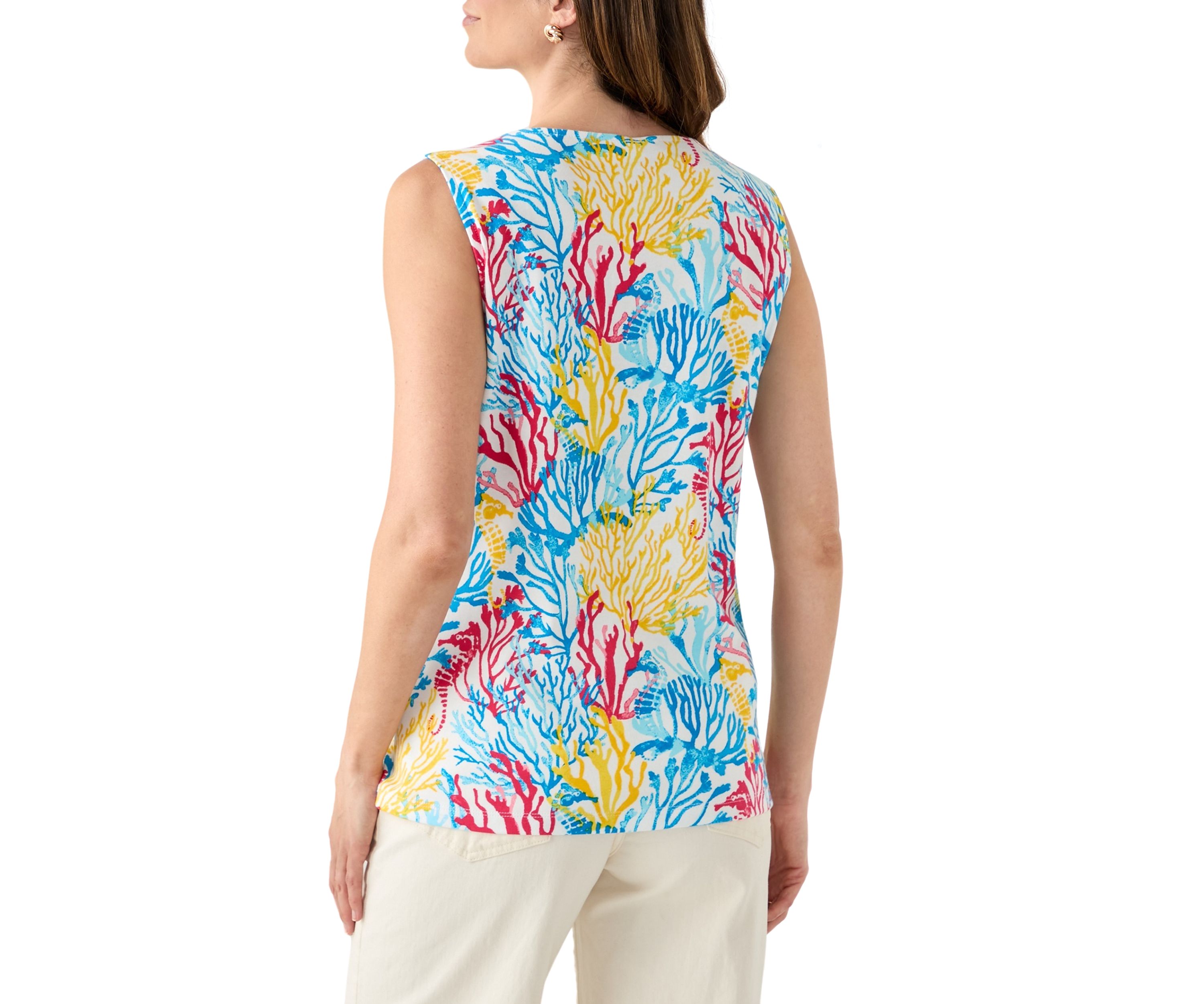 Womens Sleeveless Split Neck Allover Print Tank Top