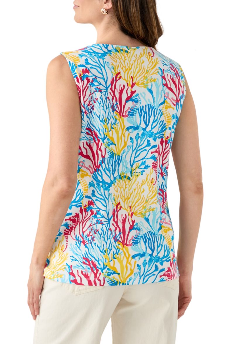Womens Sleeveless Split Neck Allover Print Tank Top