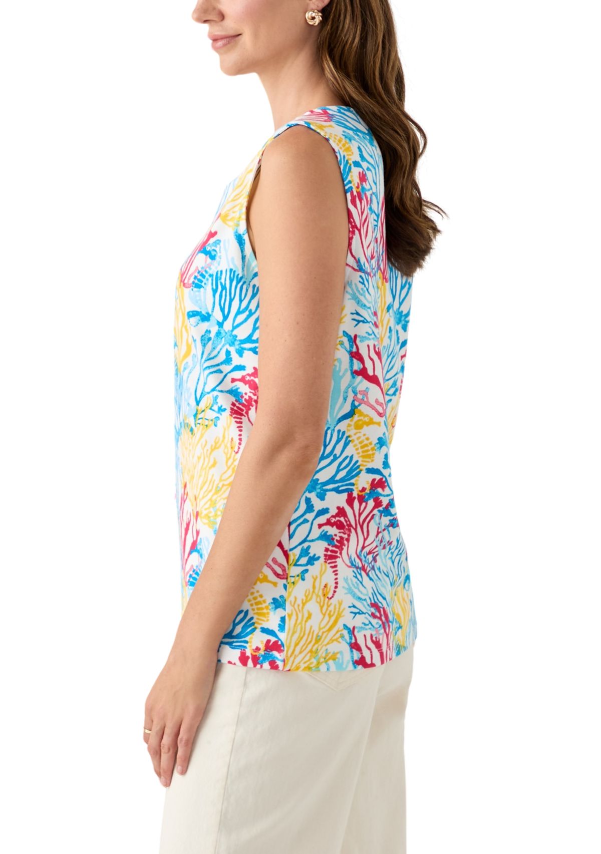 Womens Sleeveless Split Neck Allover Print Tank Top