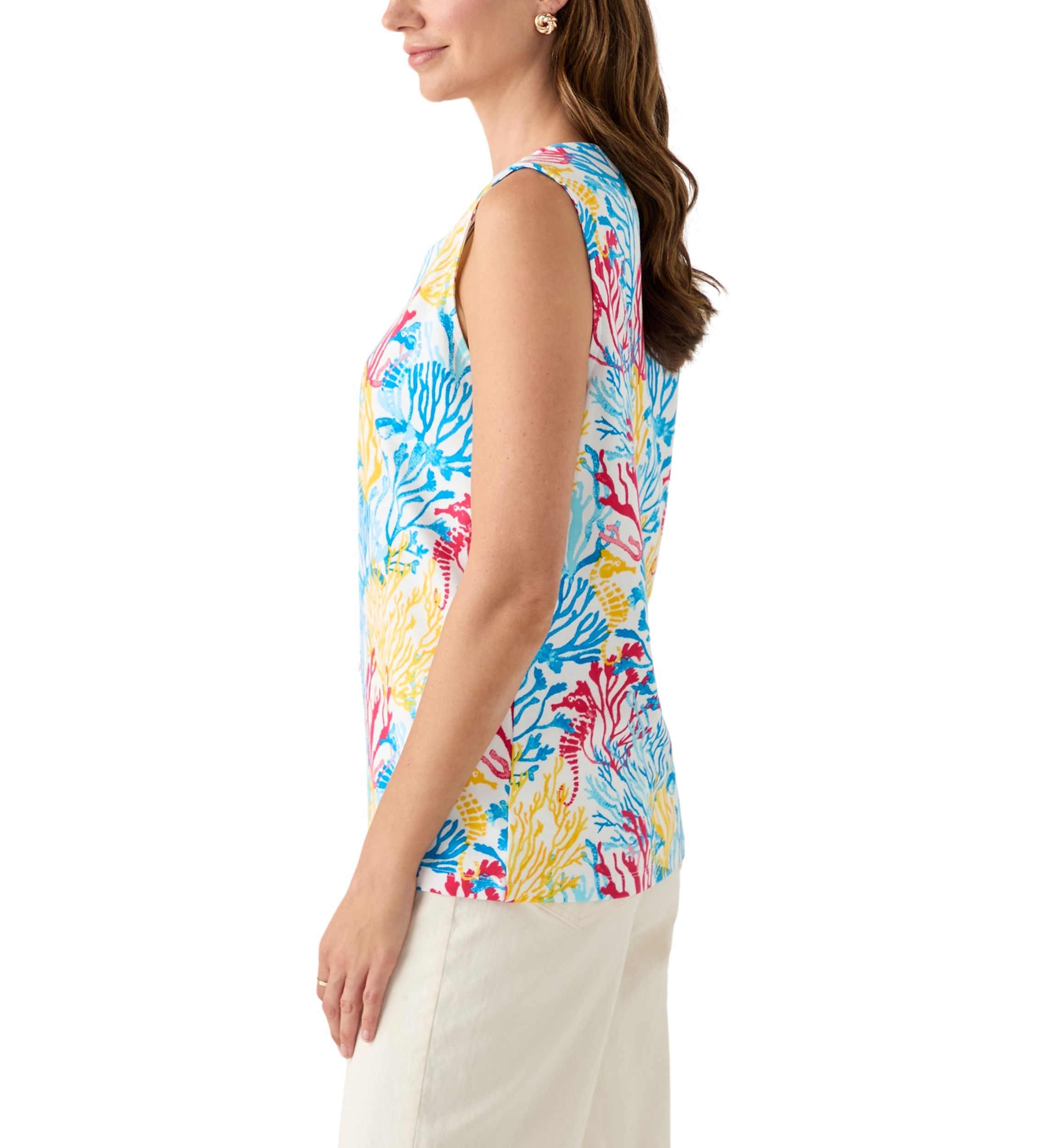 Womens Sleeveless Split Neck Allover Print Tank Top