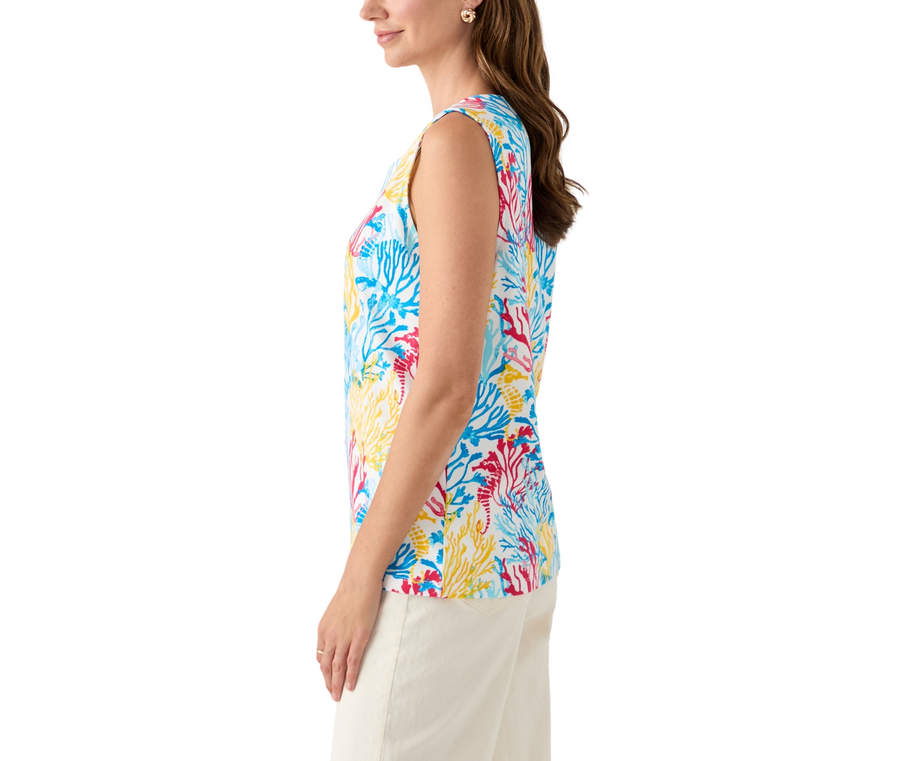 Womens Sleeveless Split Neck Allover Print Tank Top