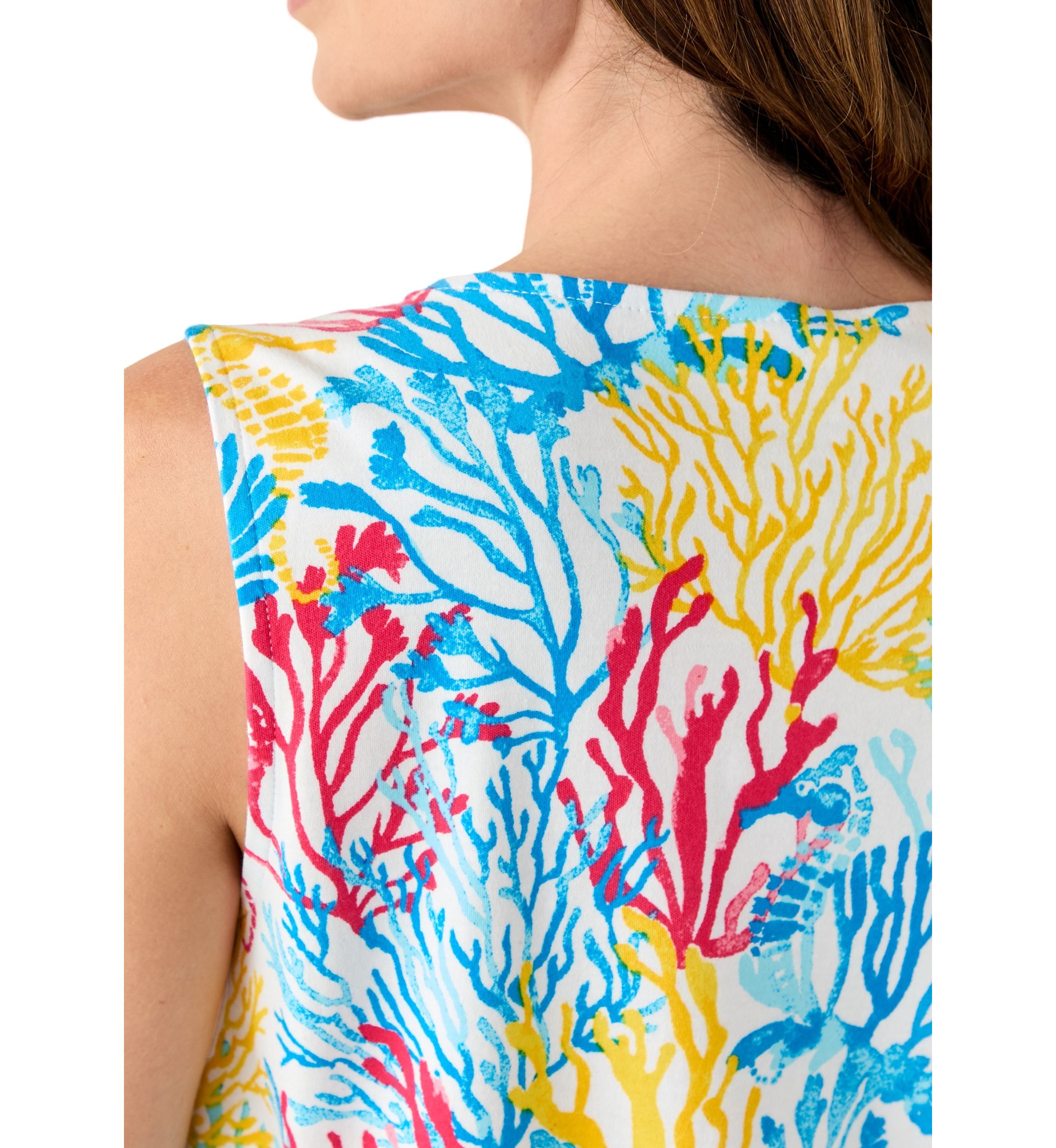 Womens Sleeveless Split Neck Allover Print Tank Top