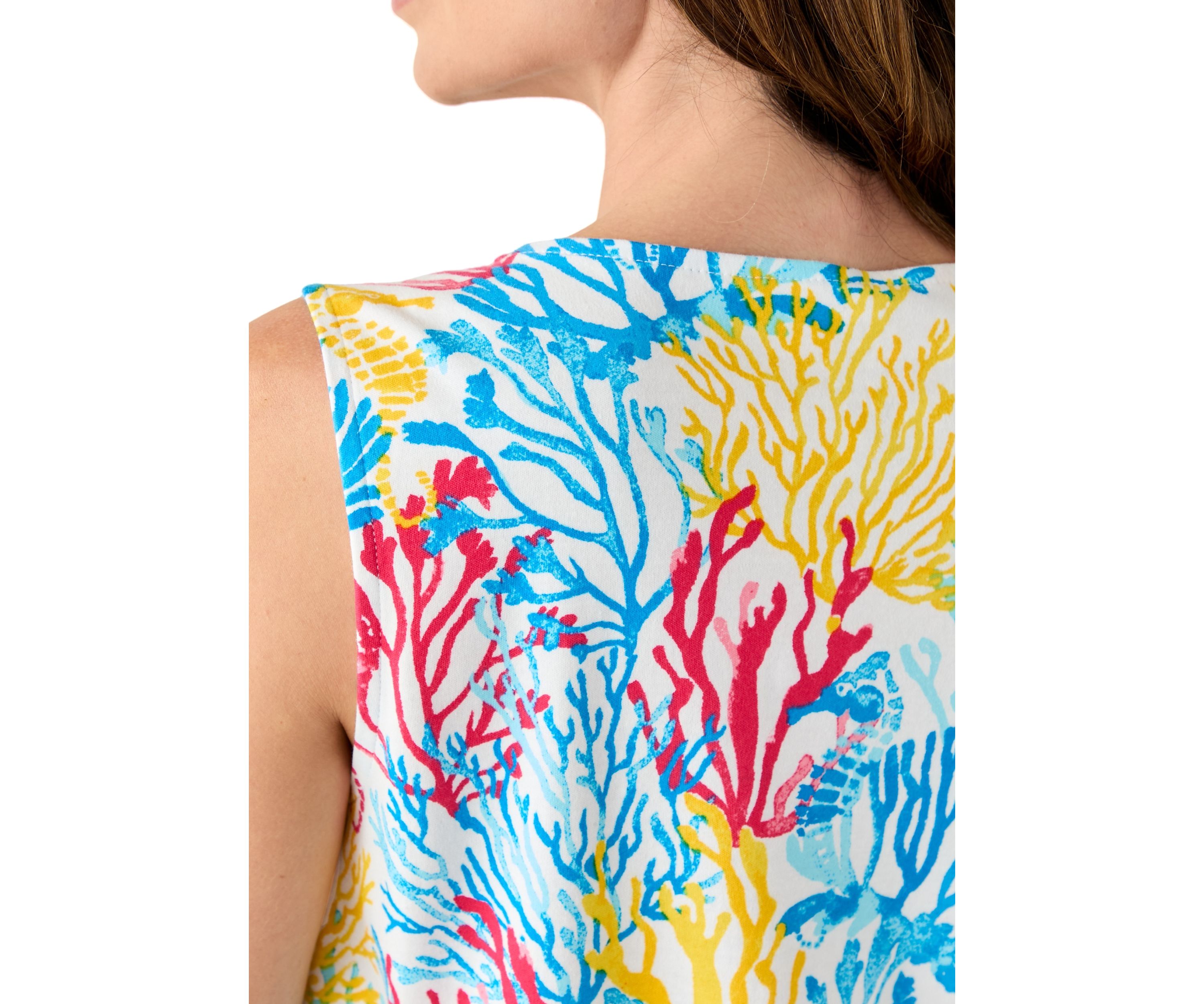 Womens Sleeveless Split Neck Allover Print Tank Top
