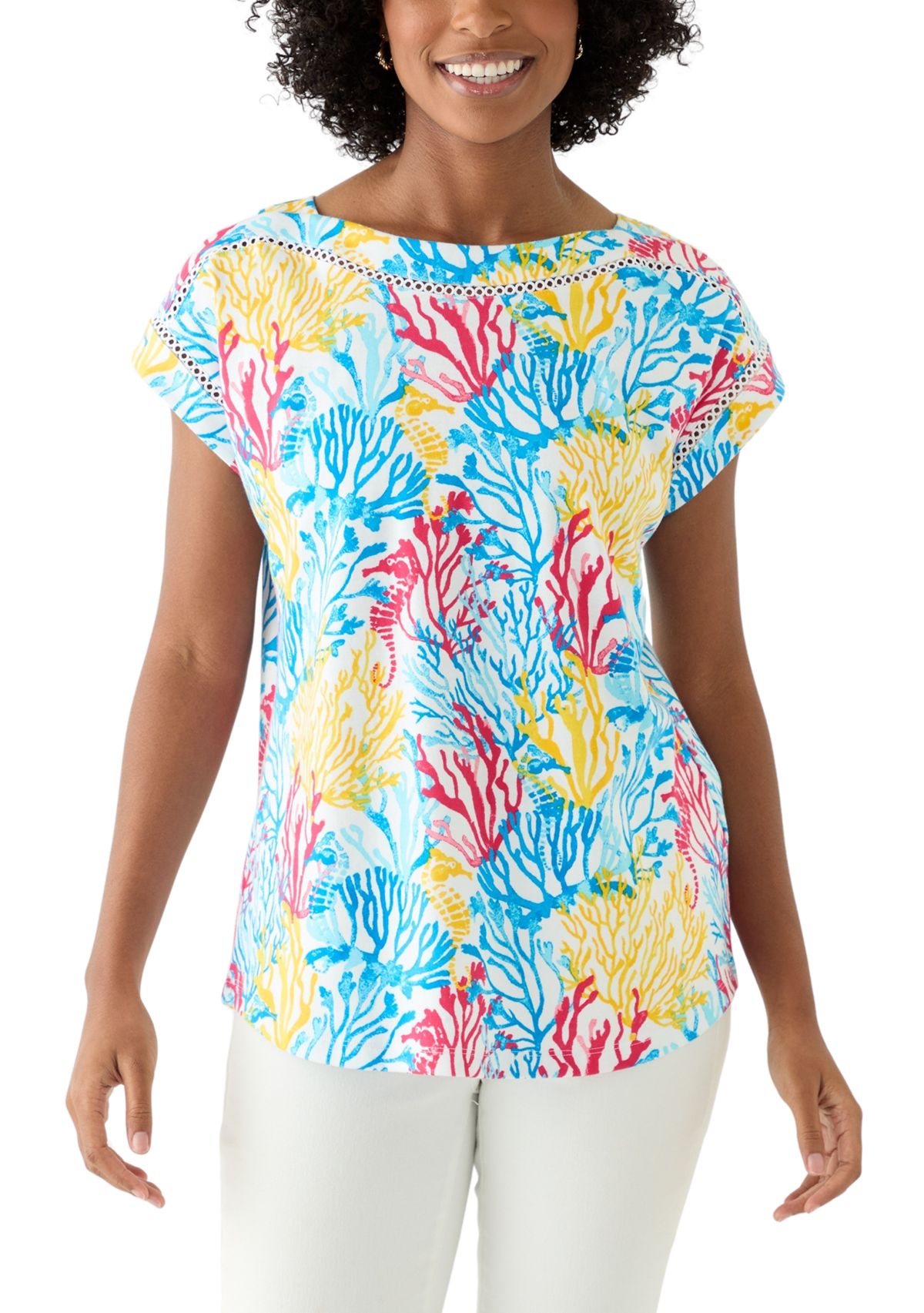 Womens Short Sleeve Inset Trim Printed T-Shirt