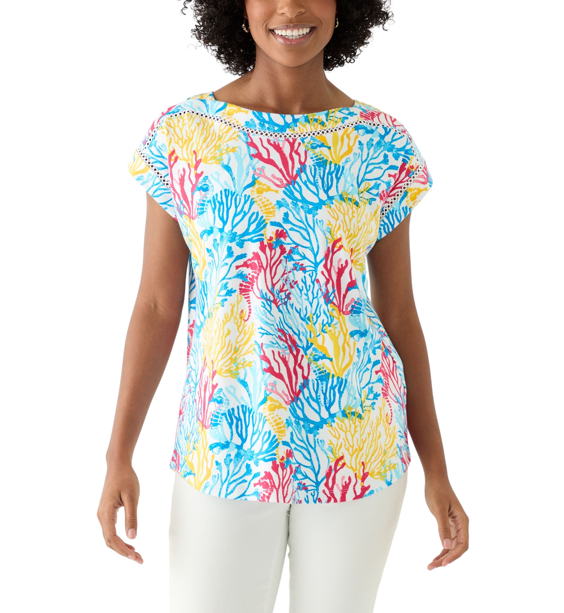 Womens Short Sleeve Inset Trim Printed T-Shirt