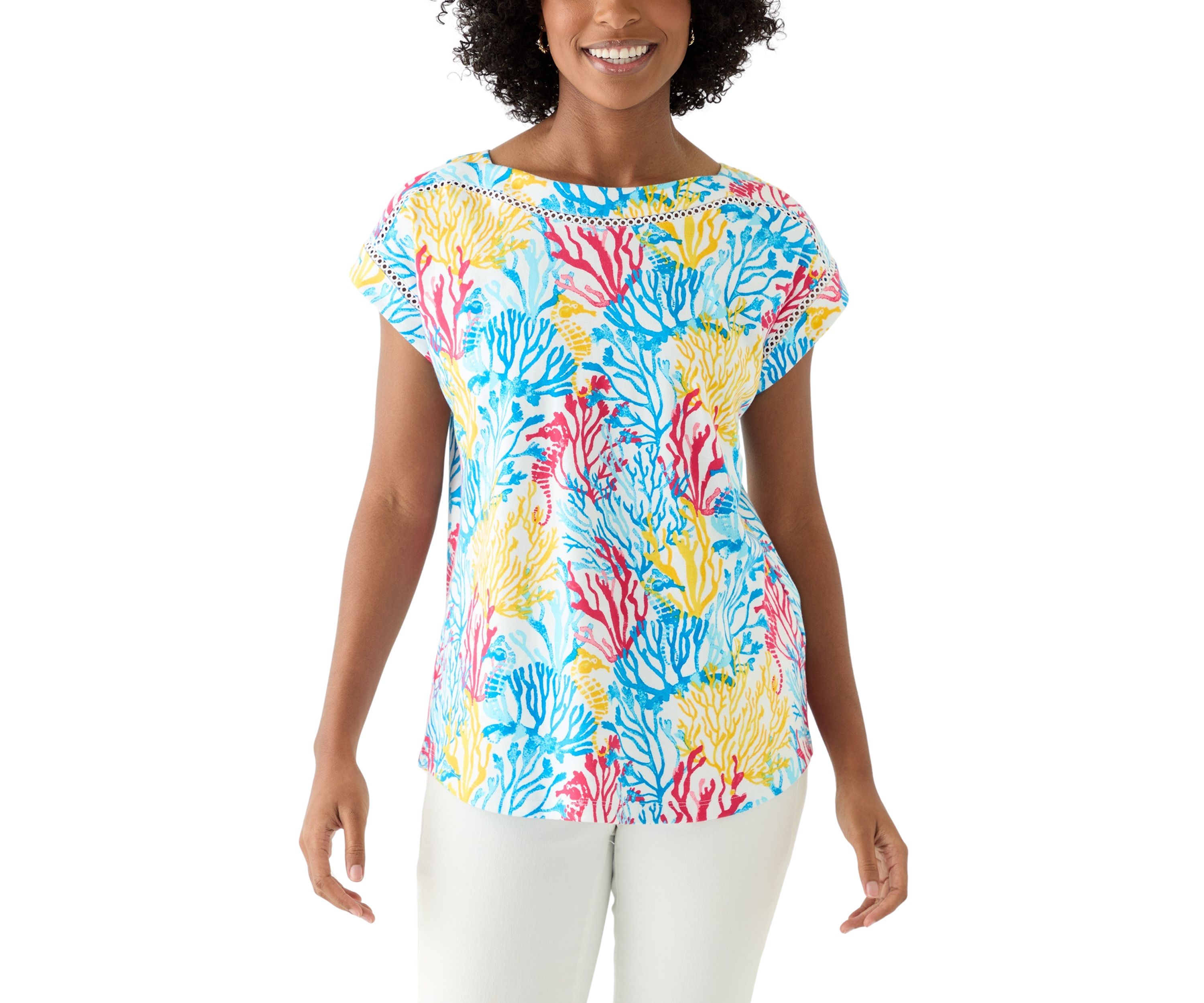 Womens Short Sleeve Inset Trim Printed T-Shirt