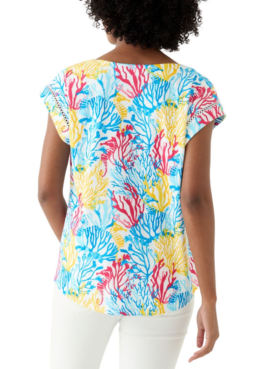 Womens Short Sleeve Inset Trim Printed T-Shirt