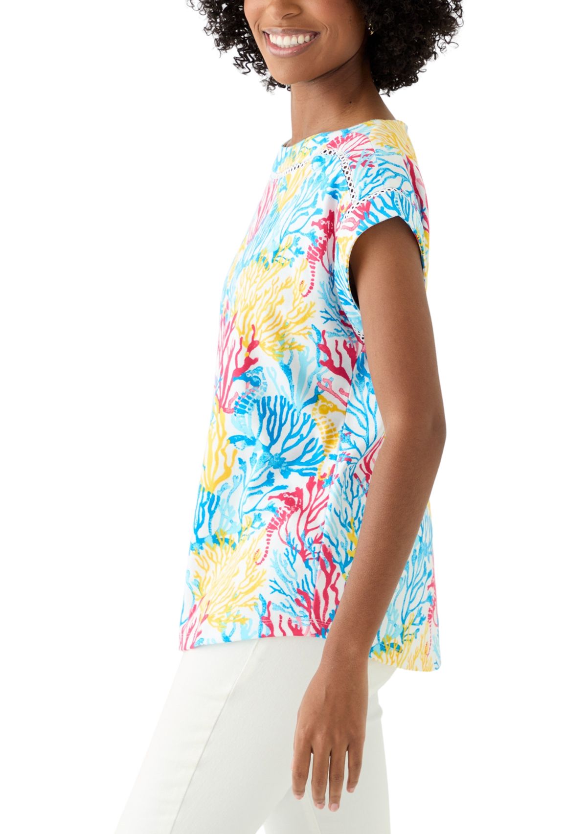 Womens Short Sleeve Inset Trim Printed T-Shirt