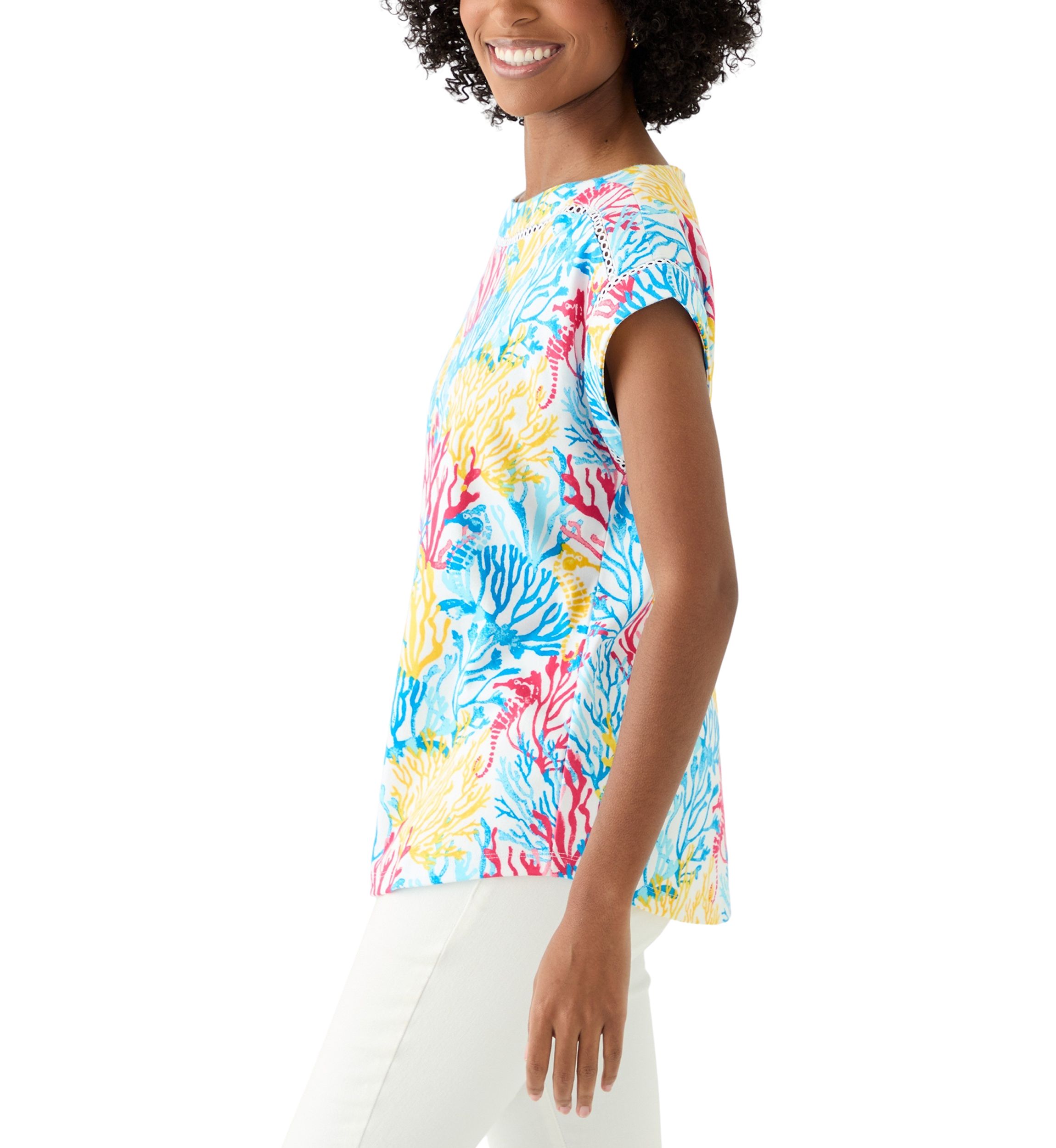 Womens Short Sleeve Inset Trim Printed T-Shirt