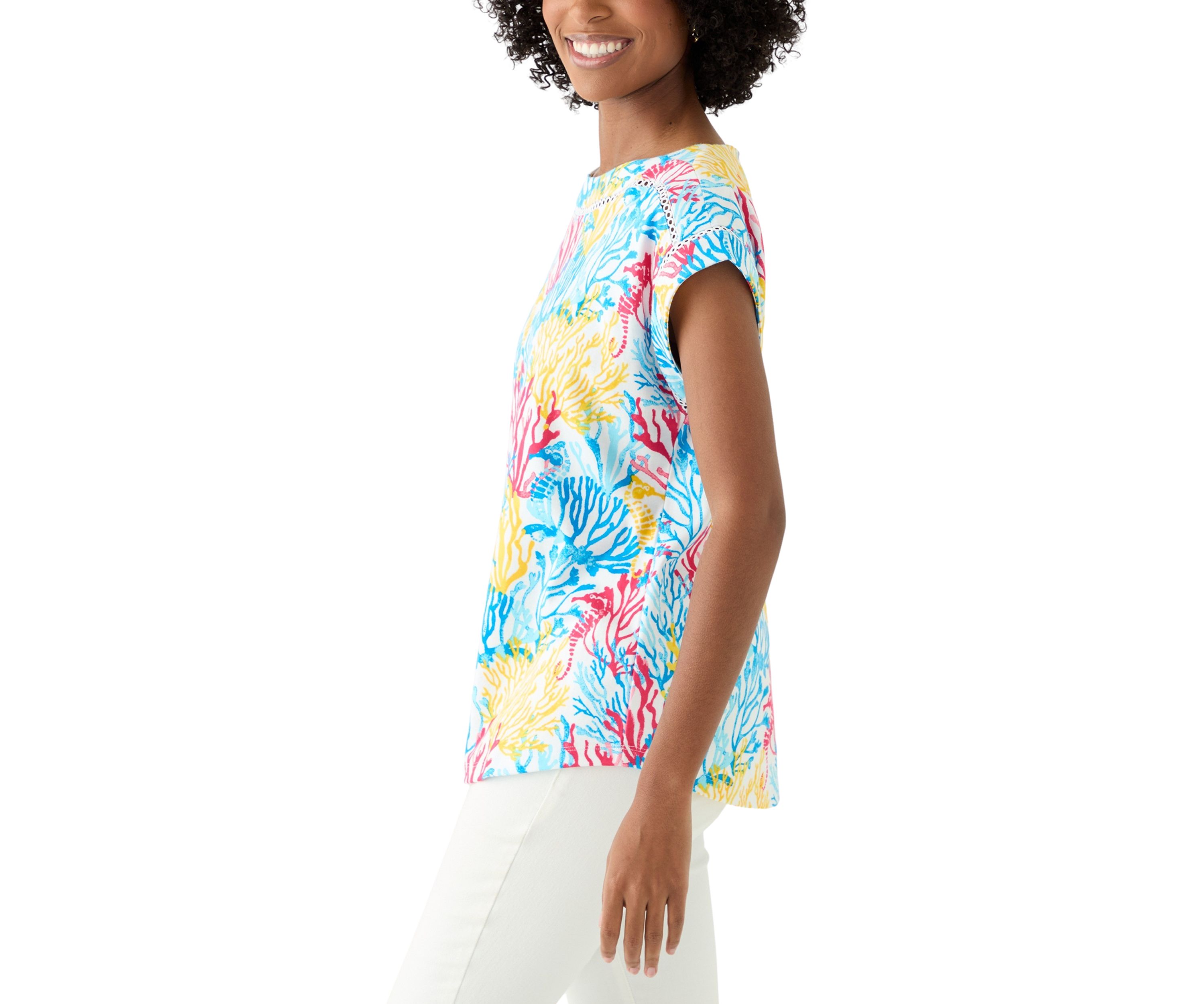Womens Short Sleeve Inset Trim Printed T-Shirt